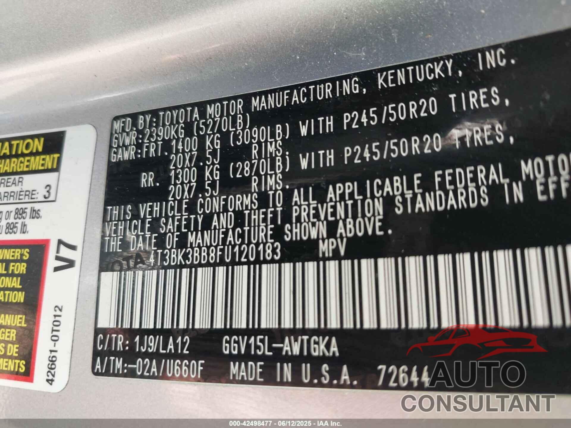 TOYOTA VENZA 2015 - 4T3BK3BB8FU120183