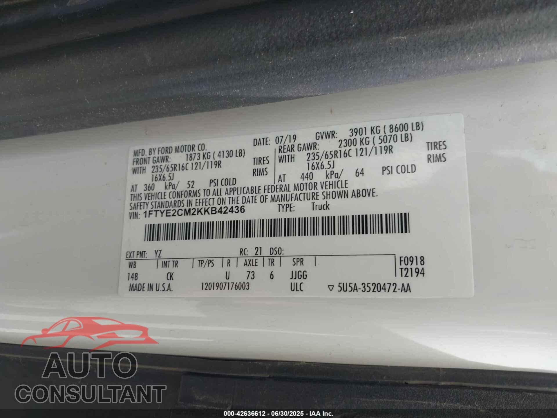 FORD TRANSIT-150 2019 - 1FTYE2CM2KKB42436