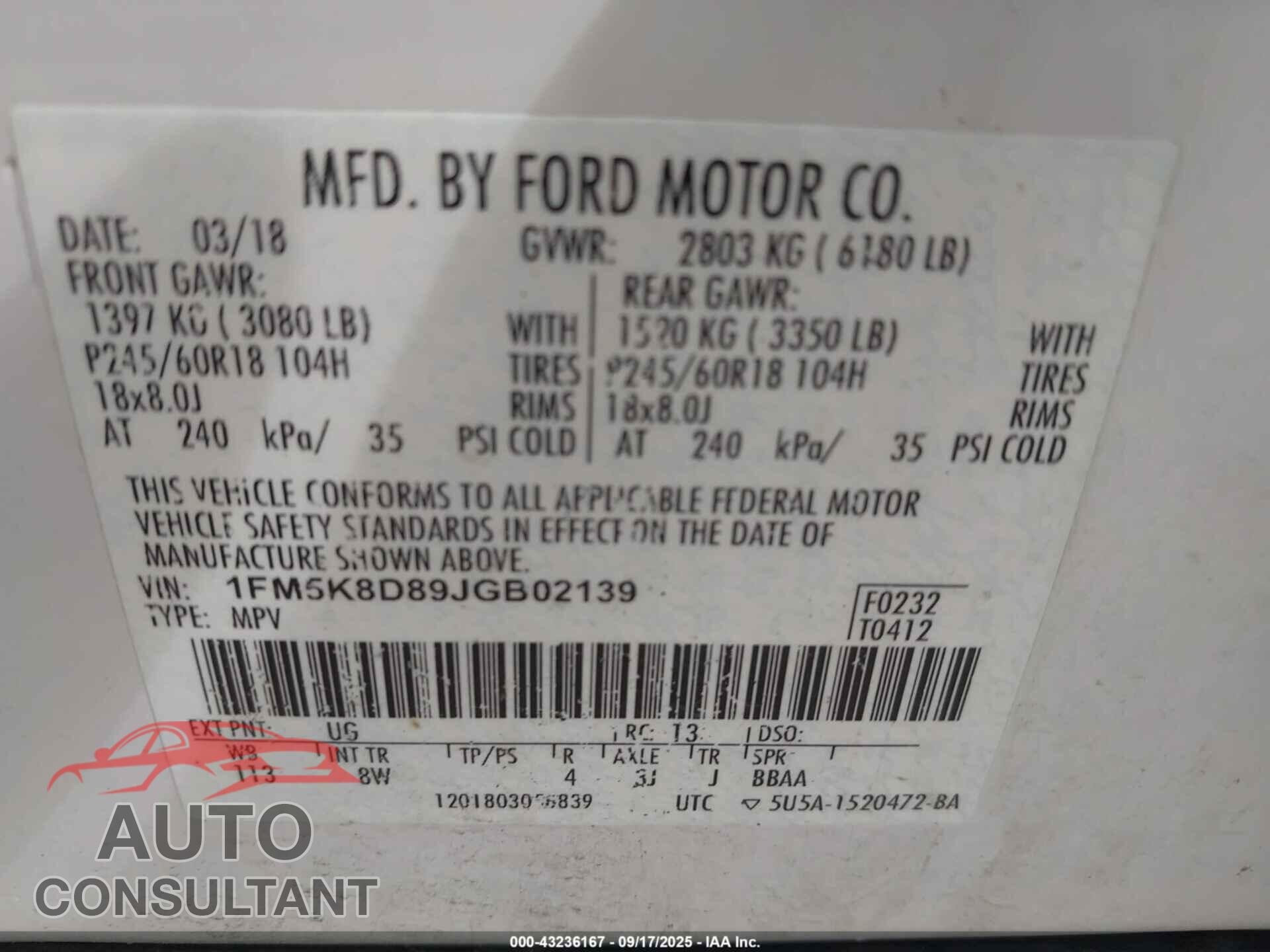 FORD EXPLORER 2018 - 1FM5K8D89JGB02139
