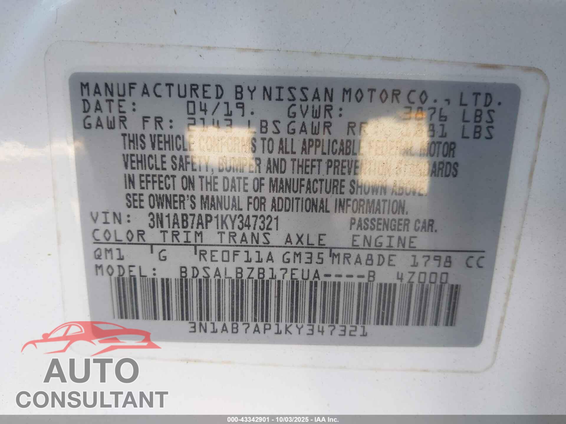 NISSAN SENTRA 2019 - 3N1AB7AP1KY347321