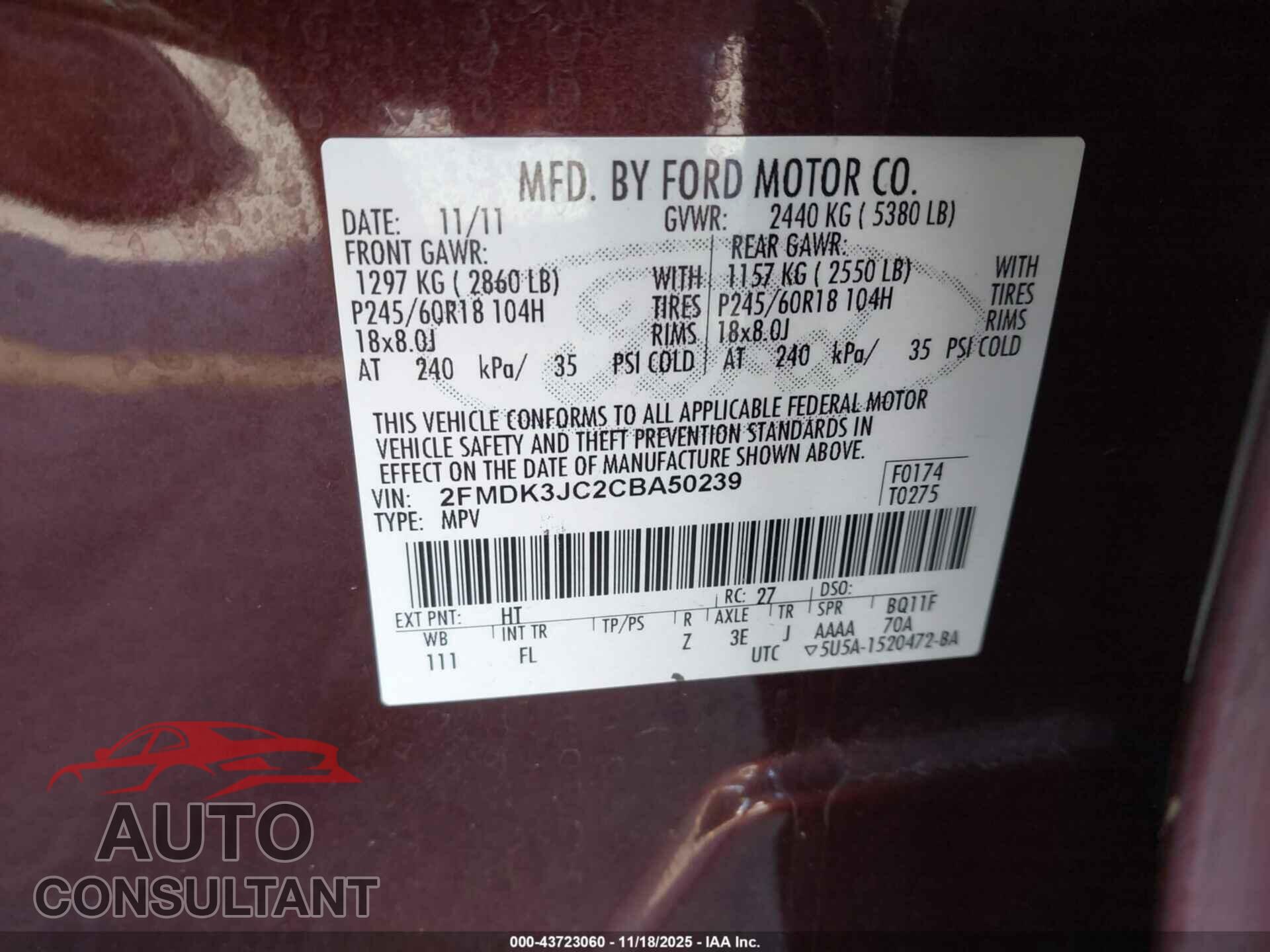 FORD EDGE 2012 - 2FMDK3JC2CBA50239