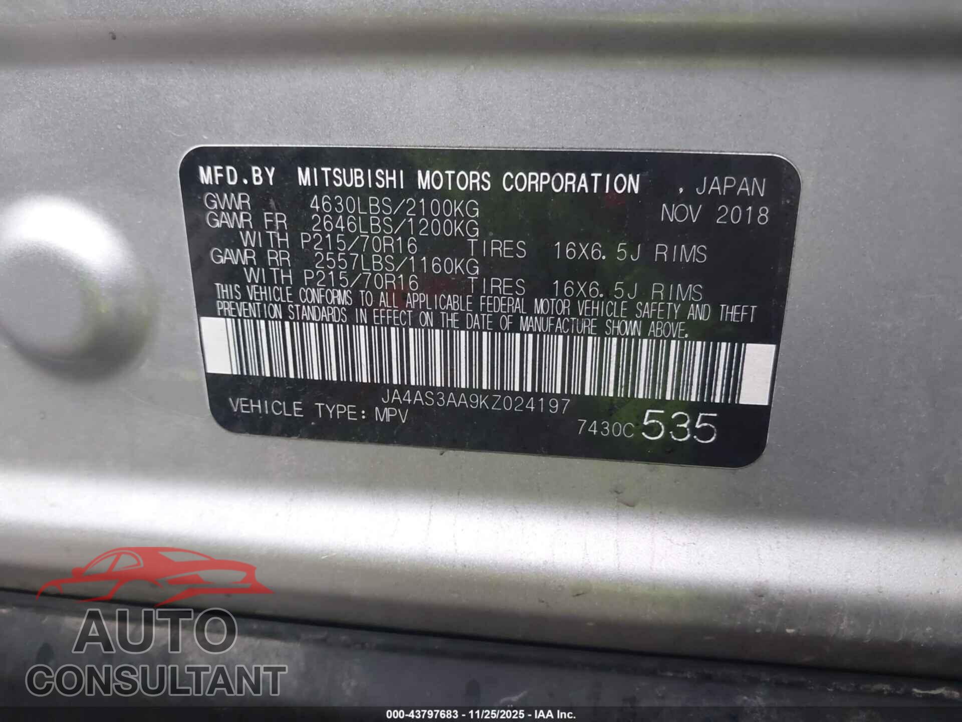 MITSUBISHI ECLIPSE CROSS 2019 - JA4AS3AA9KZ024197