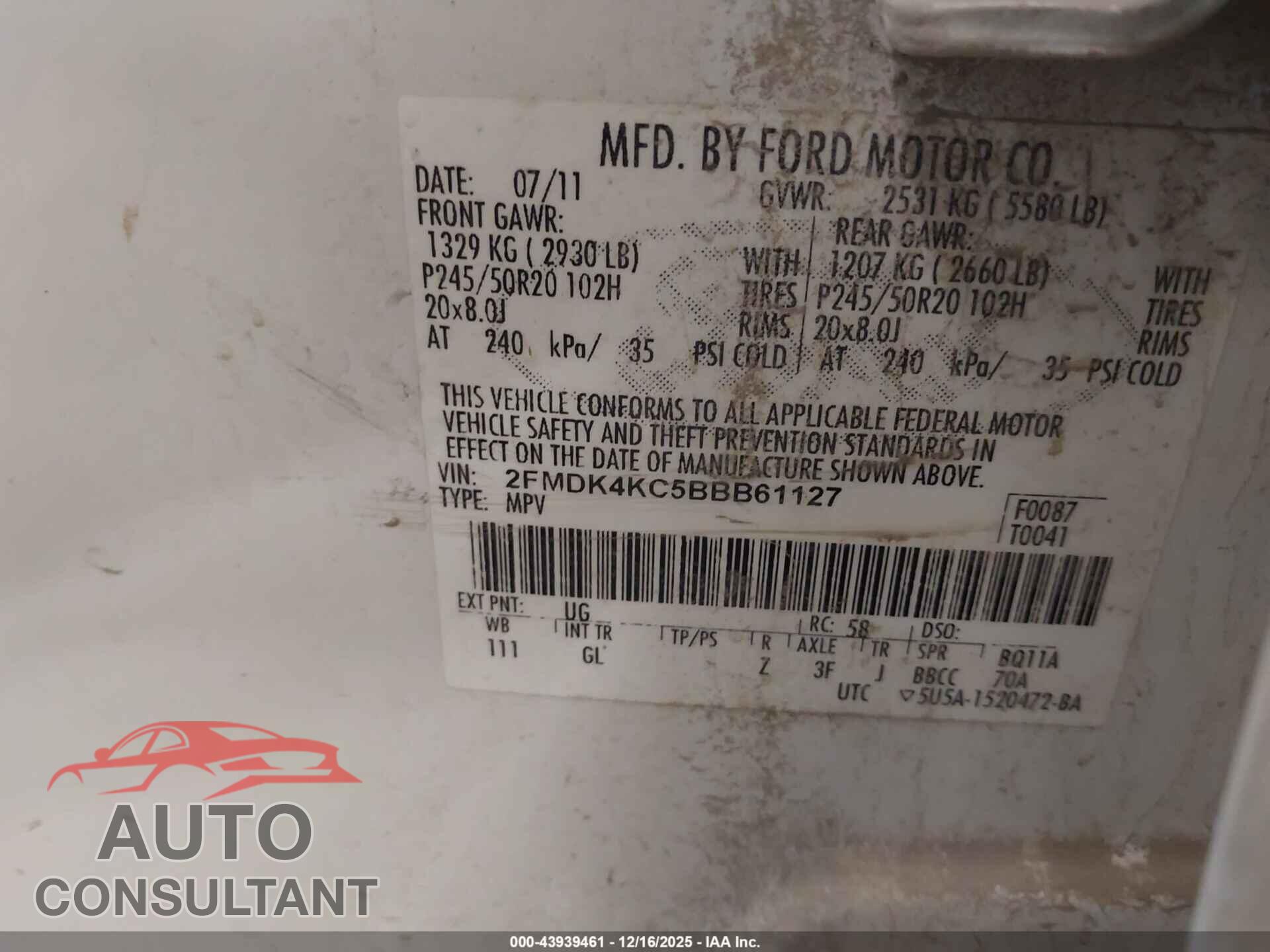 FORD EDGE 2011 - 2FMDK4KC5BBB61127