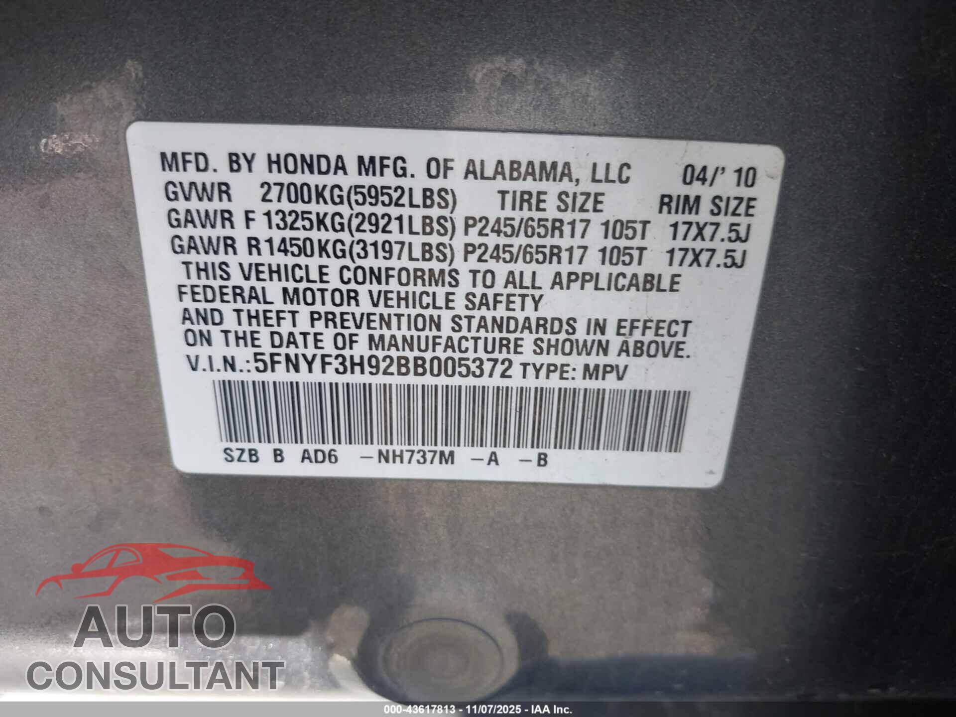 HONDA PILOT 2011 - 5FNYF3H92BB005372