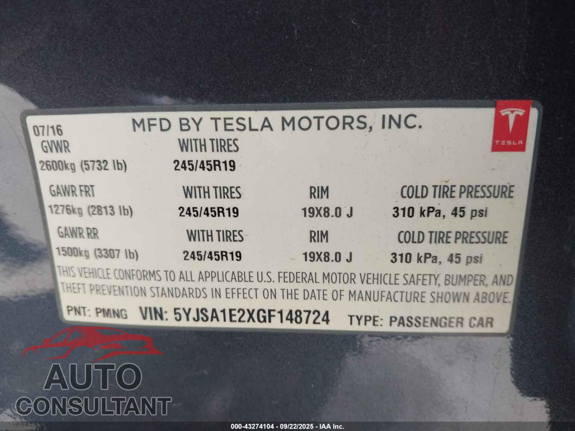 TESLA MODEL S 2016 - 5YJSA1E2XGF148724