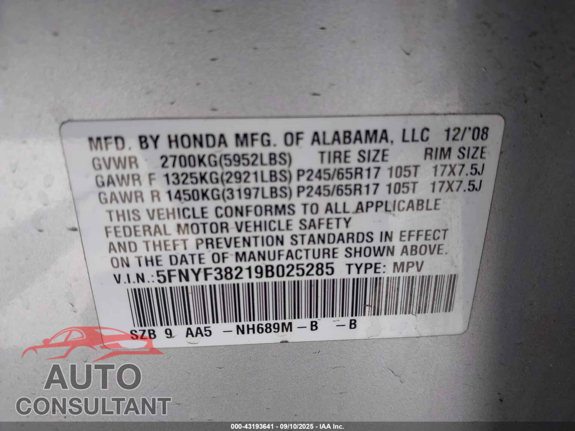 HONDA PILOT 2009 - 5FNYF38219B025285