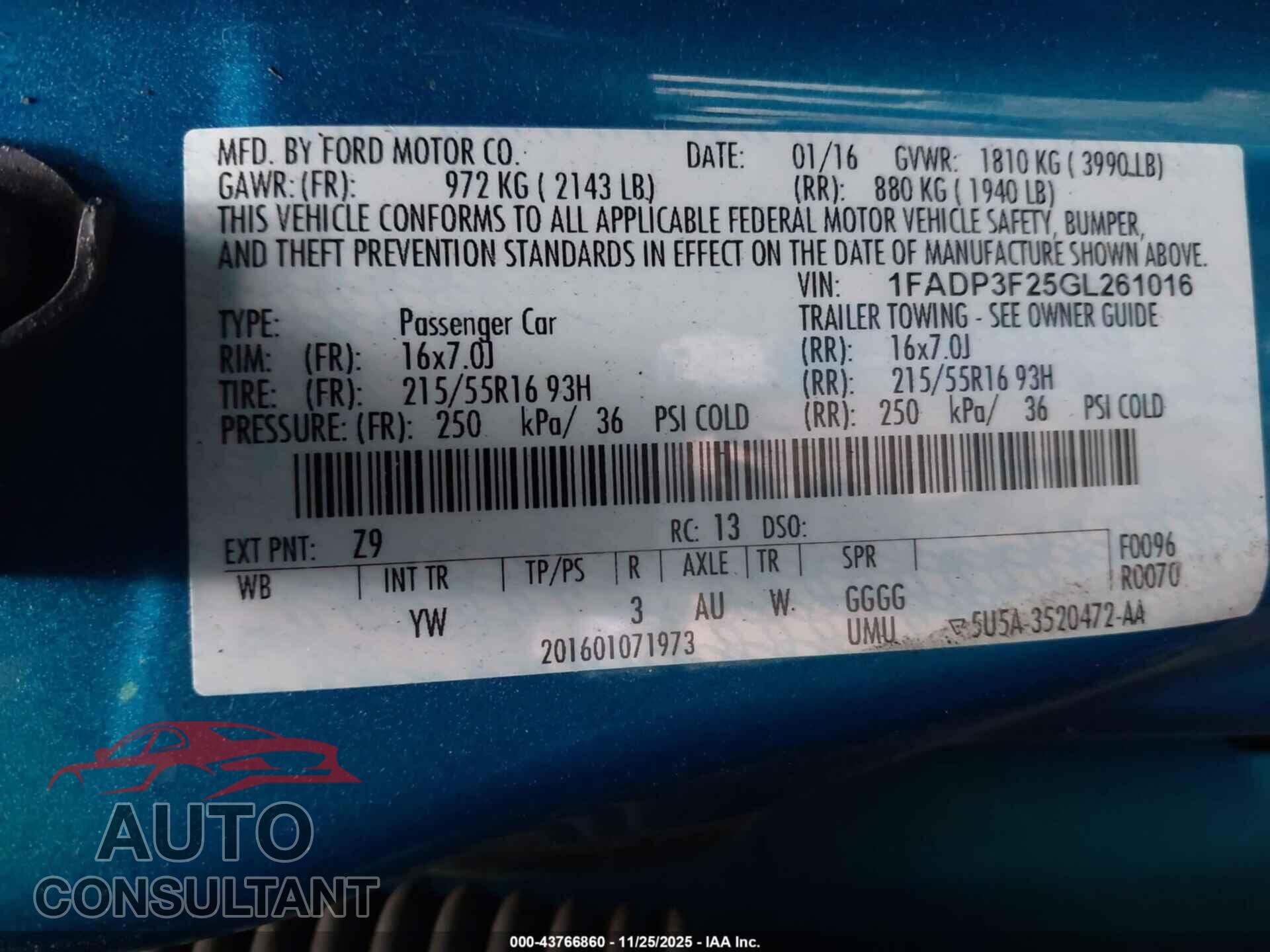 FORD FOCUS 2016 - 1FADP3F25GL261016