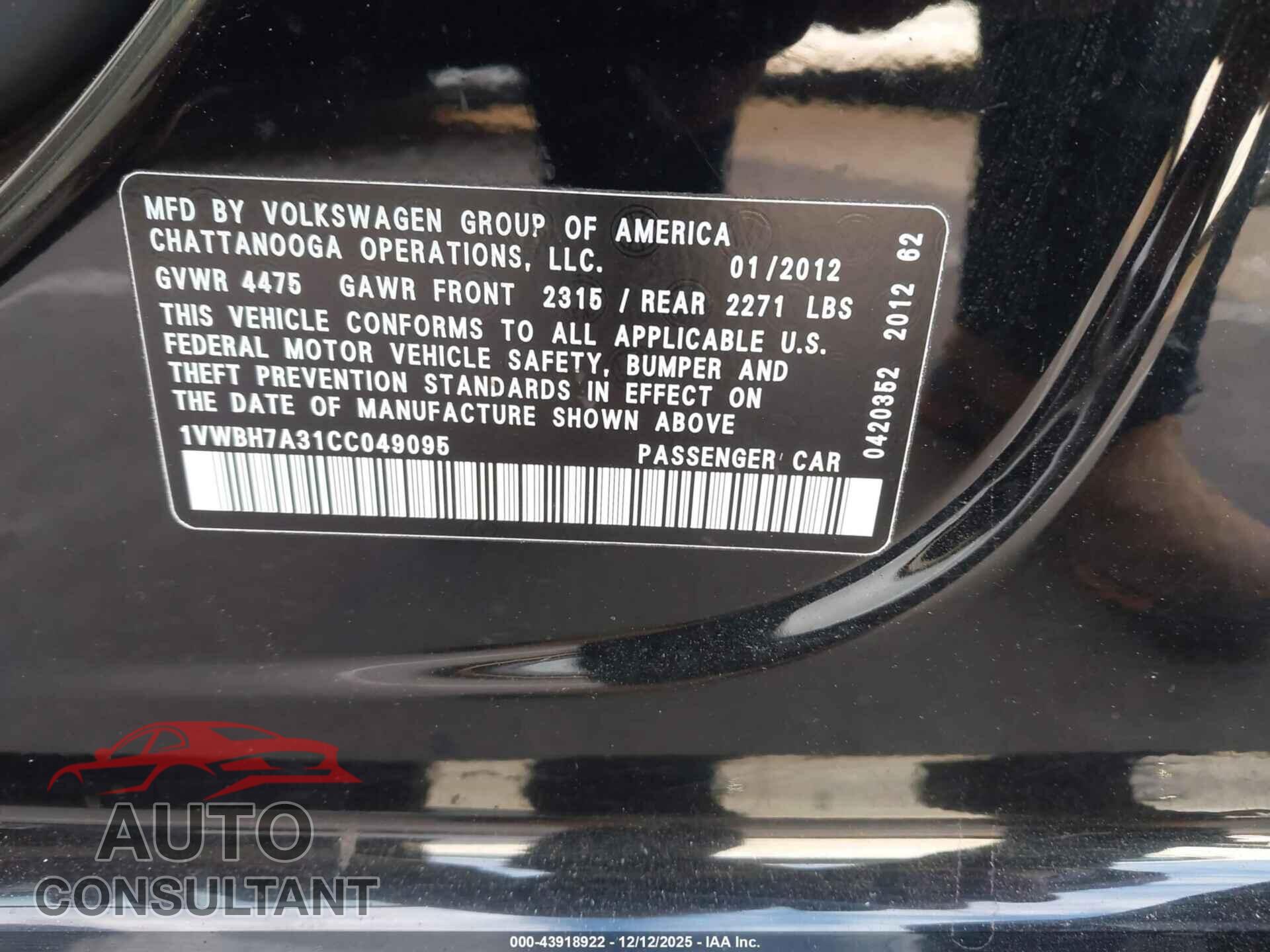 VOLKSWAGEN PASSAT 2012 - 1VWBH7A31CC049095