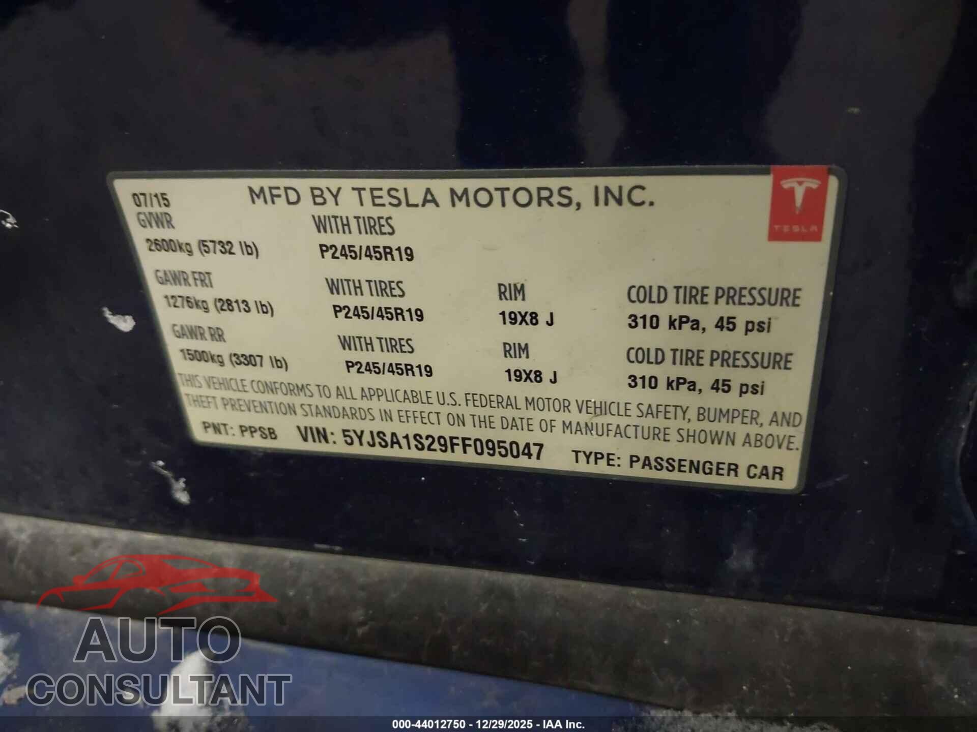 TESLA MODEL S 2015 - 5YJSA1S29FF095047