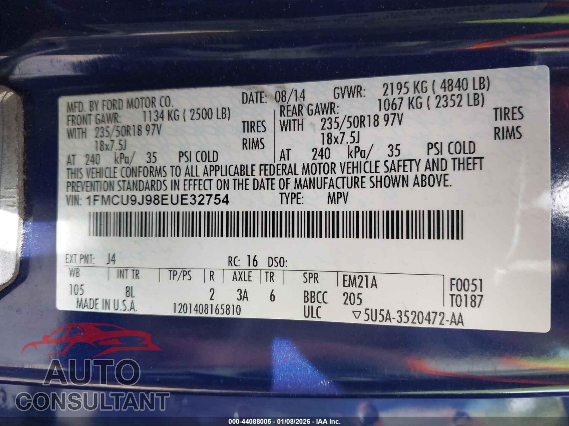 FORD ESCAPE 2014 - 1FMCU9J98EUE32754