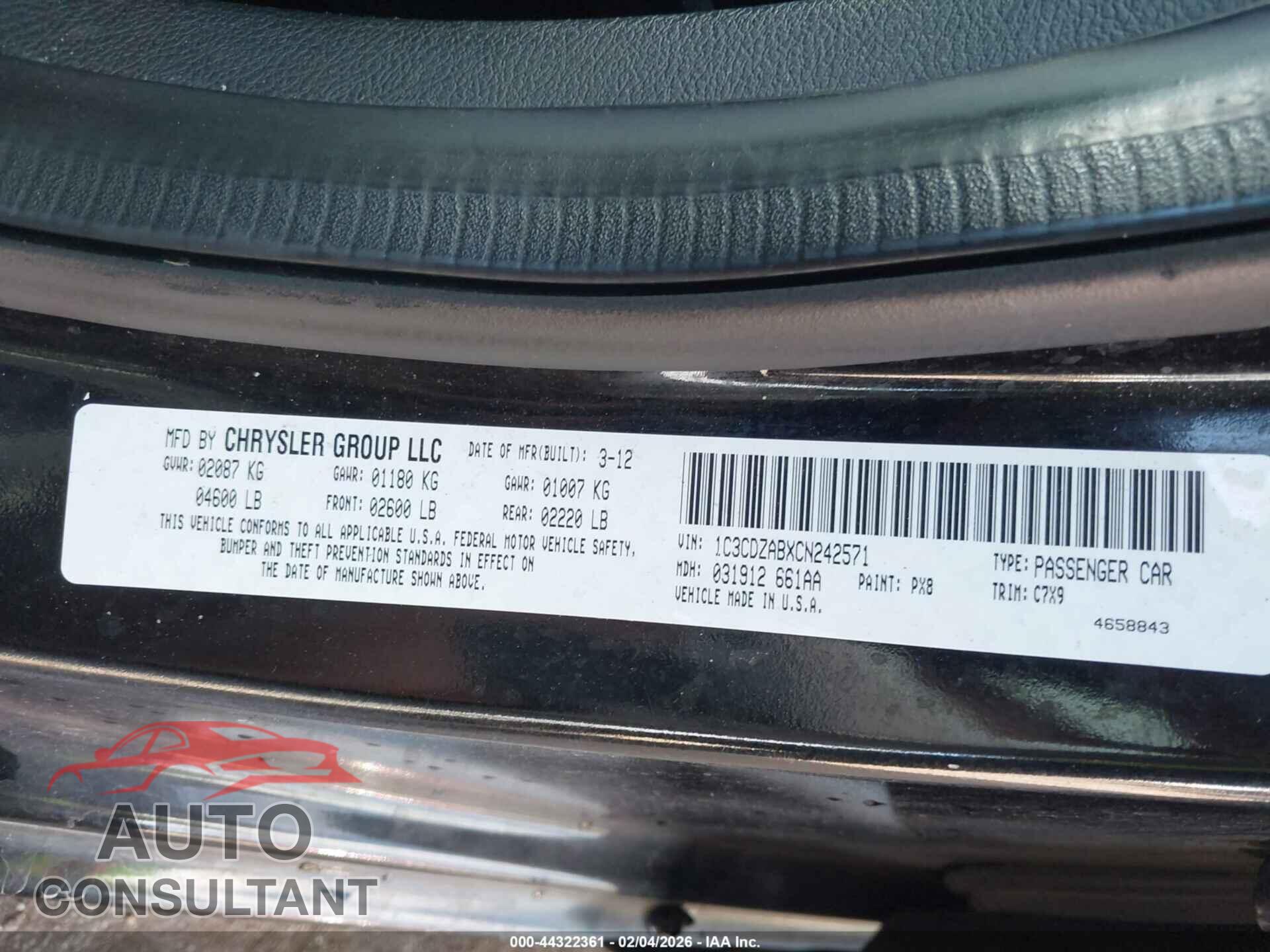 DODGE AVENGER 2012 - 1C3CDZABXCN242571