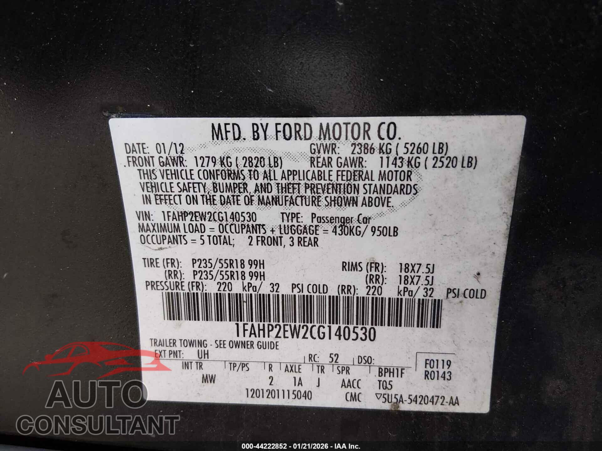 FORD TAURUS 2012 - 1FAHP2EW2CG140530