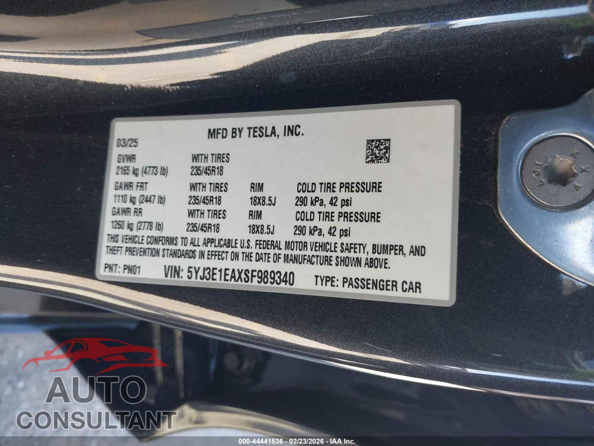 TESLA MODEL 3 2025 - 5YJ3E1EAXSF989340