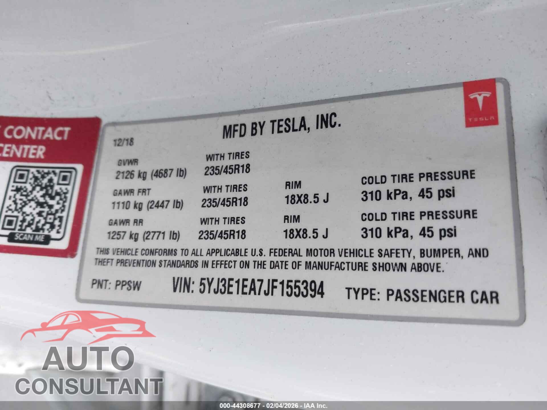 TESLA MODEL 3 2018 - 5YJ3E1EA7JF155394