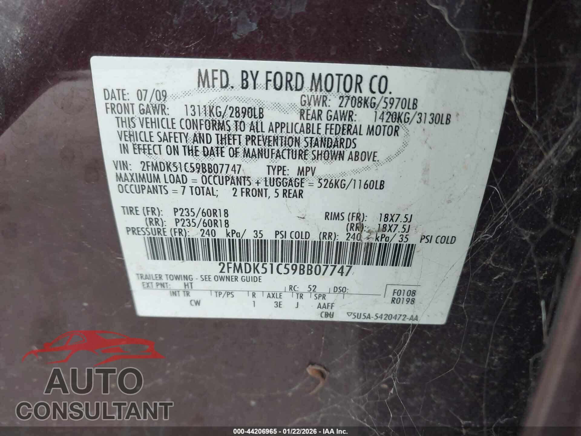 FORD FLEX 2009 - 2FMDK51C59BB07747