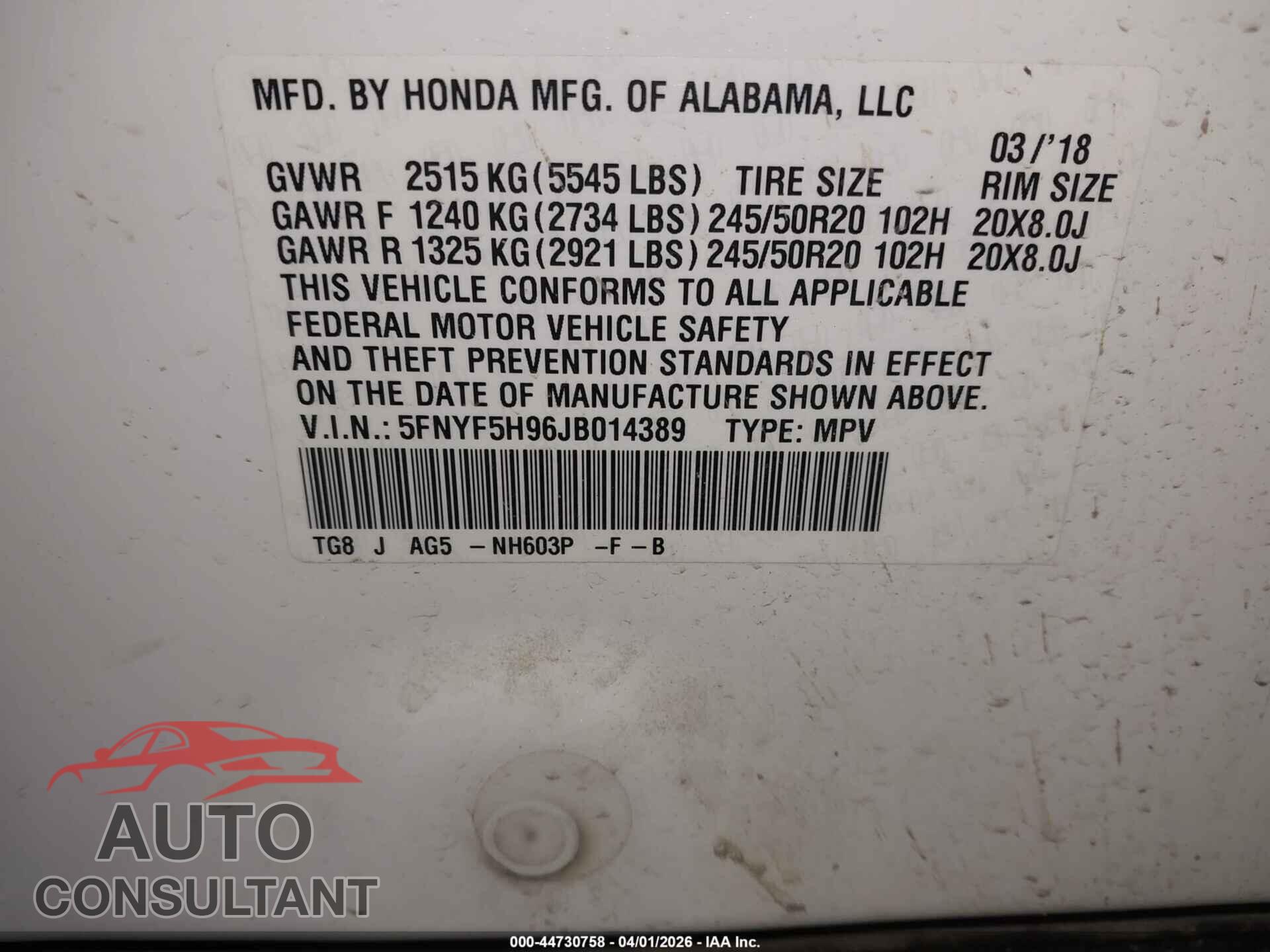 HONDA PILOT 2018 - 5FNYF5H96JB014389