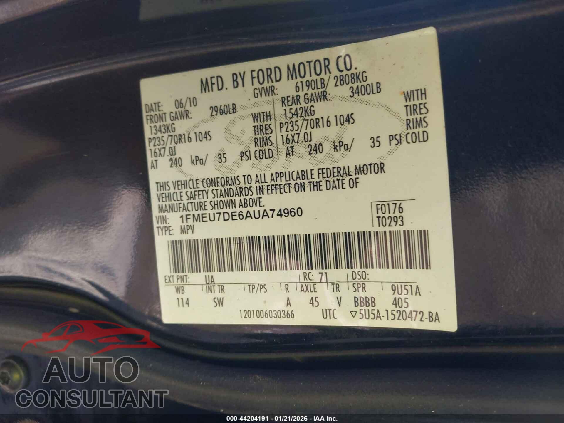 FORD EXPLORER 2010 - 1FMEU7DE6AUA74960