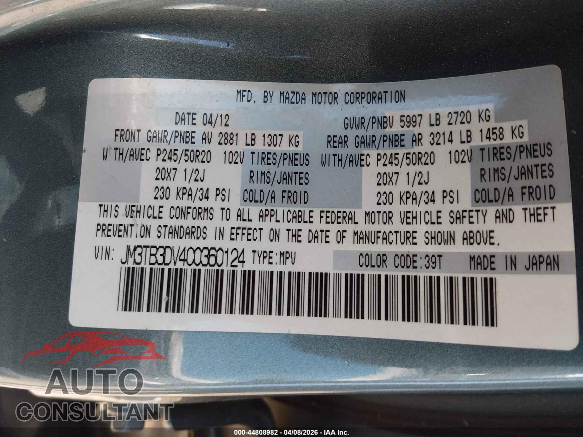 MAZDA CX-9 2012 - JM3TB3DV4C0360124