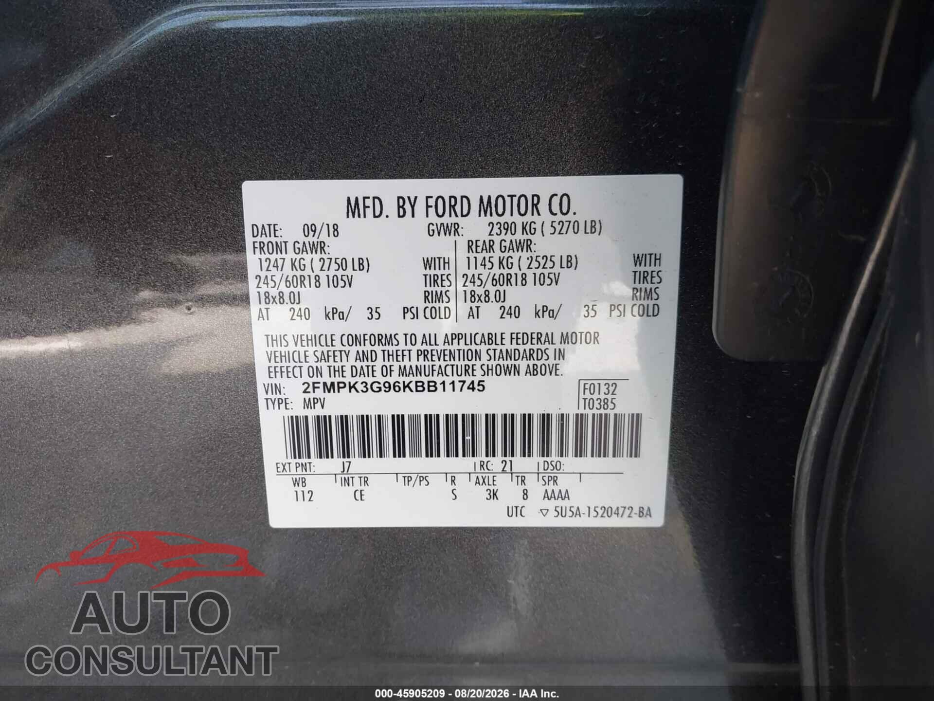 FORD EDGE 2019 - 2FMPK3G96KBB11745