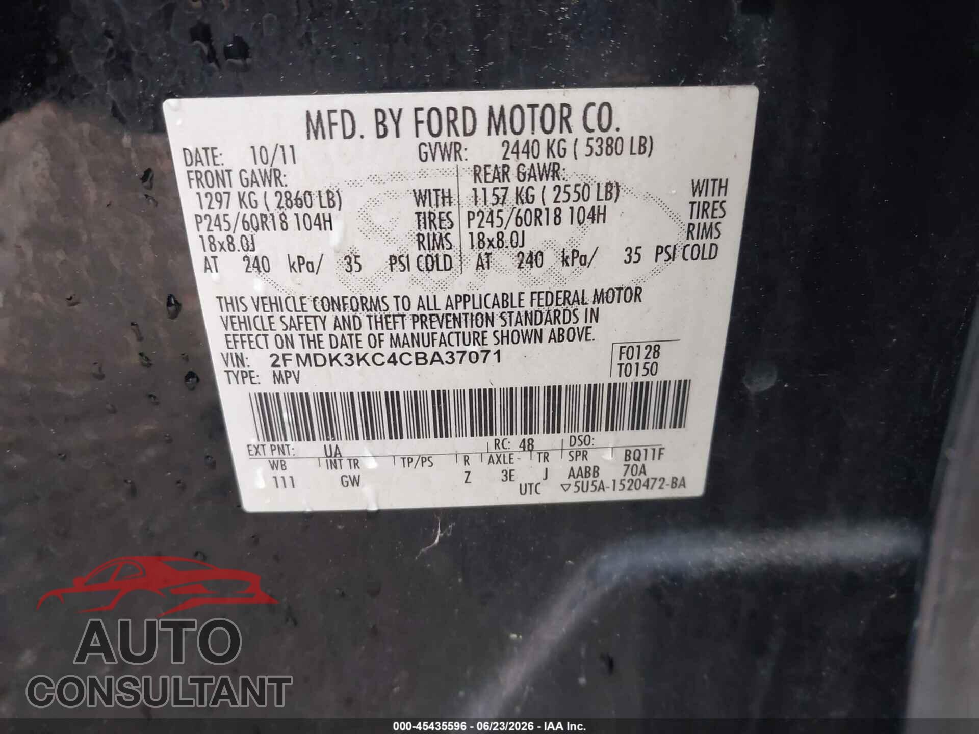 FORD EDGE 2012 - 2FMDK3KC4CBA37071