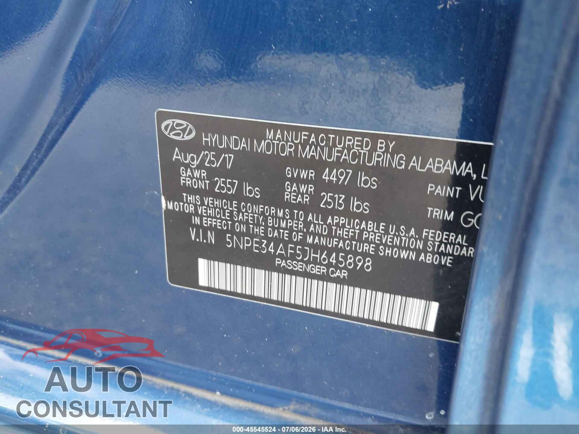 HYUNDAI SONATA 2018 - 5NPE34AF5JH645898