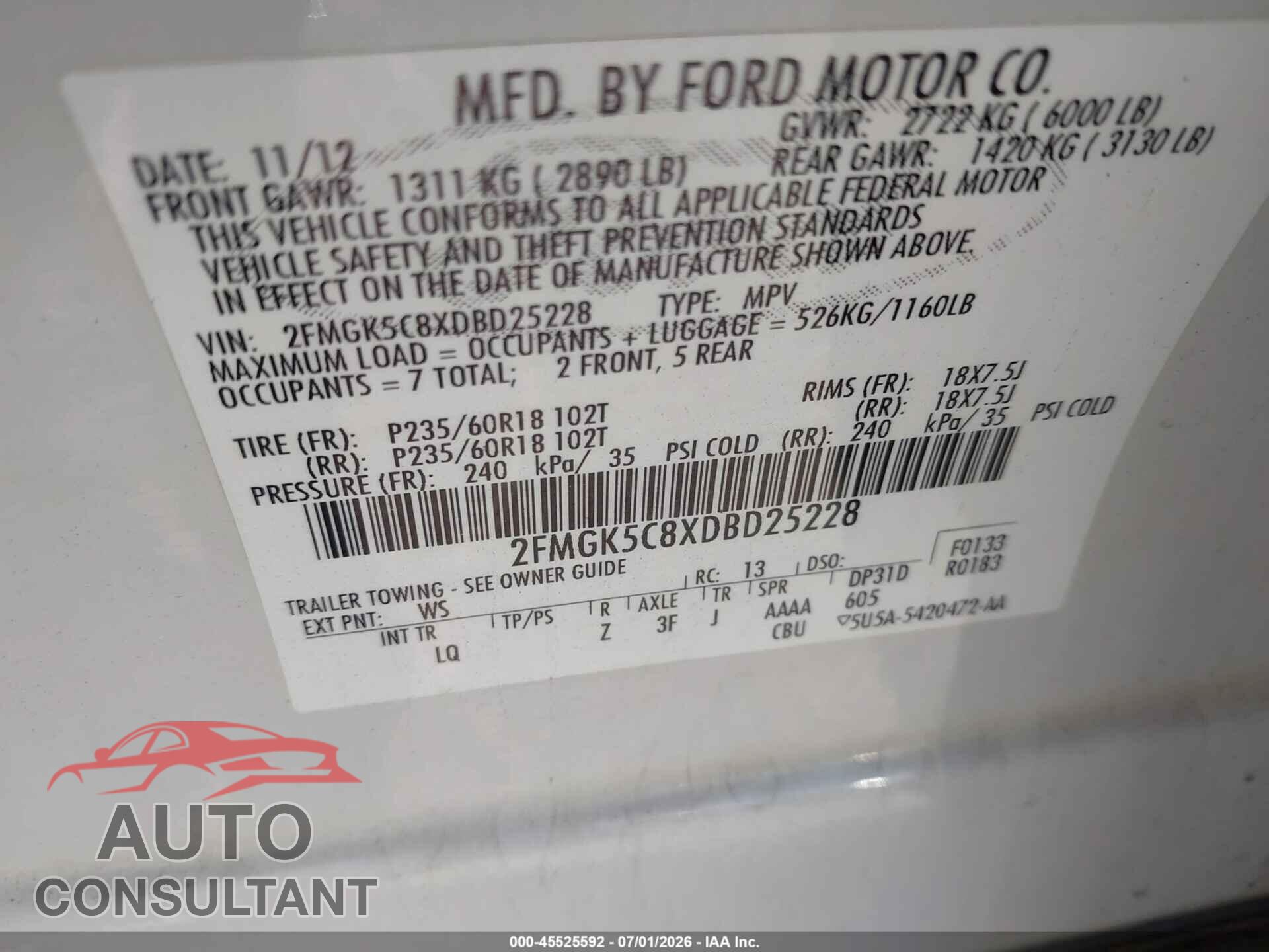 FORD FLEX 2013 - 2FMGK5C8XDBD25228
