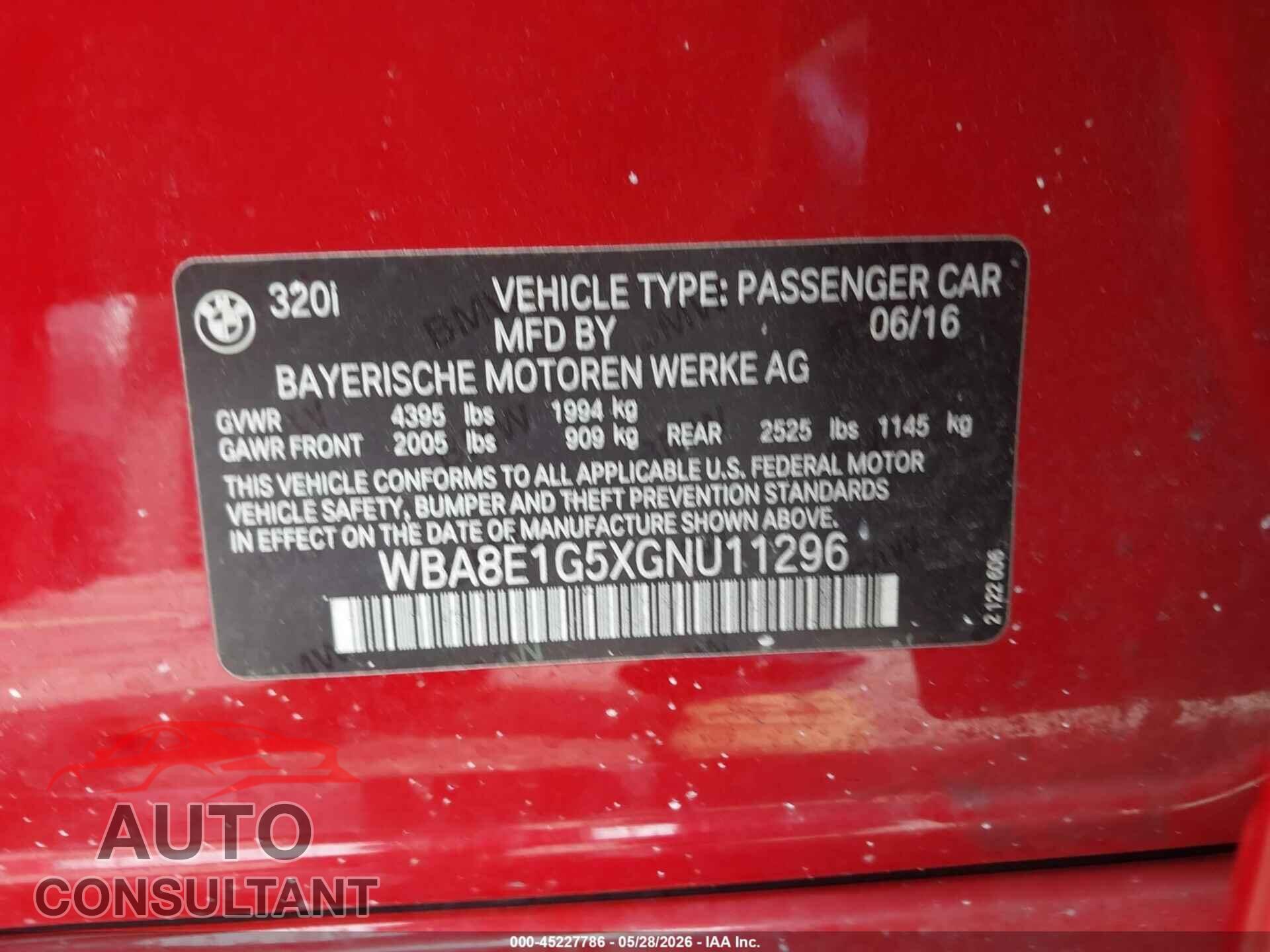BMW 320I 2016 - WBA8E1G5XGNU11296