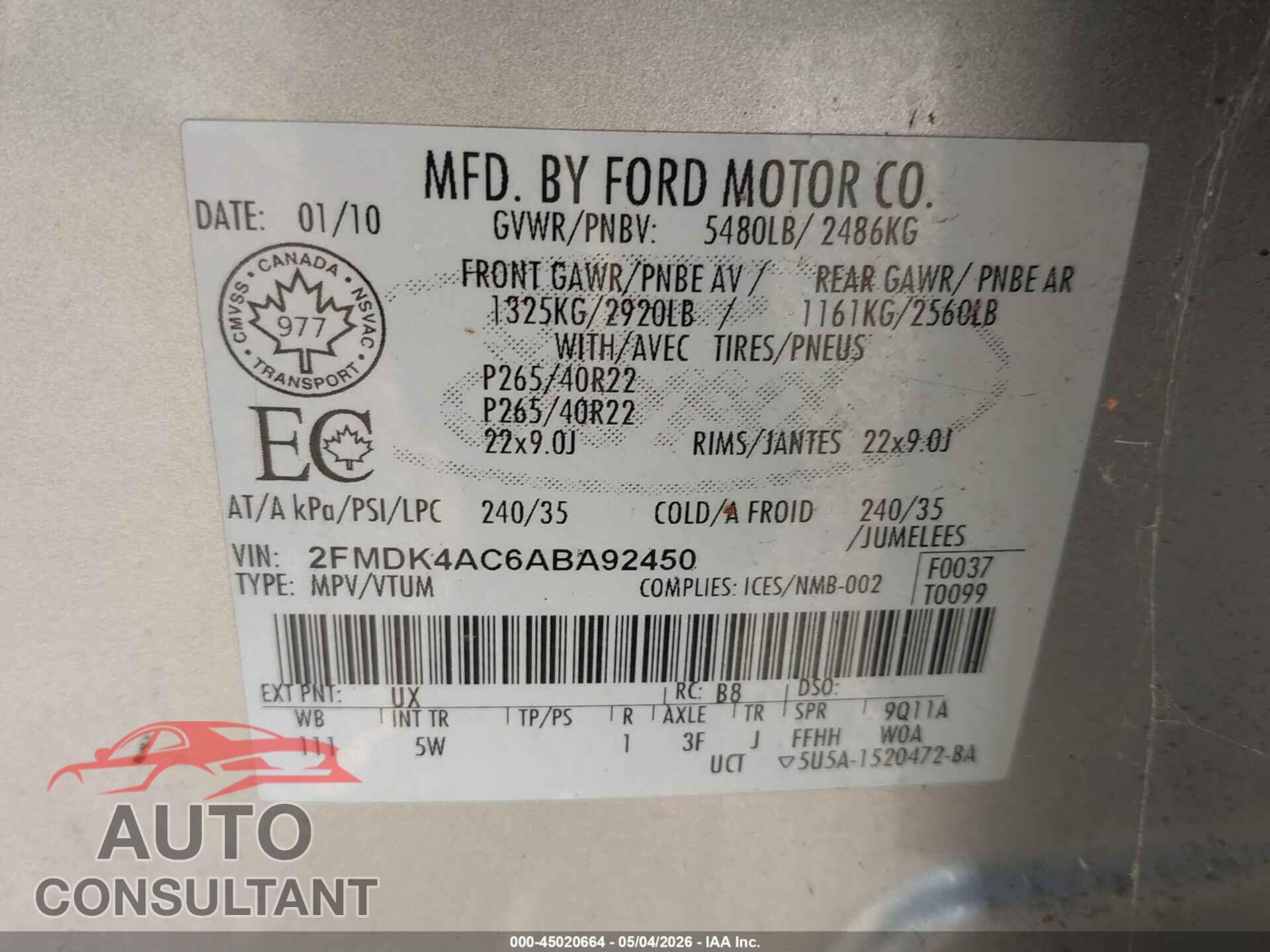 FORD EDGE 2010 - 2FMDK4AC6ABA92450