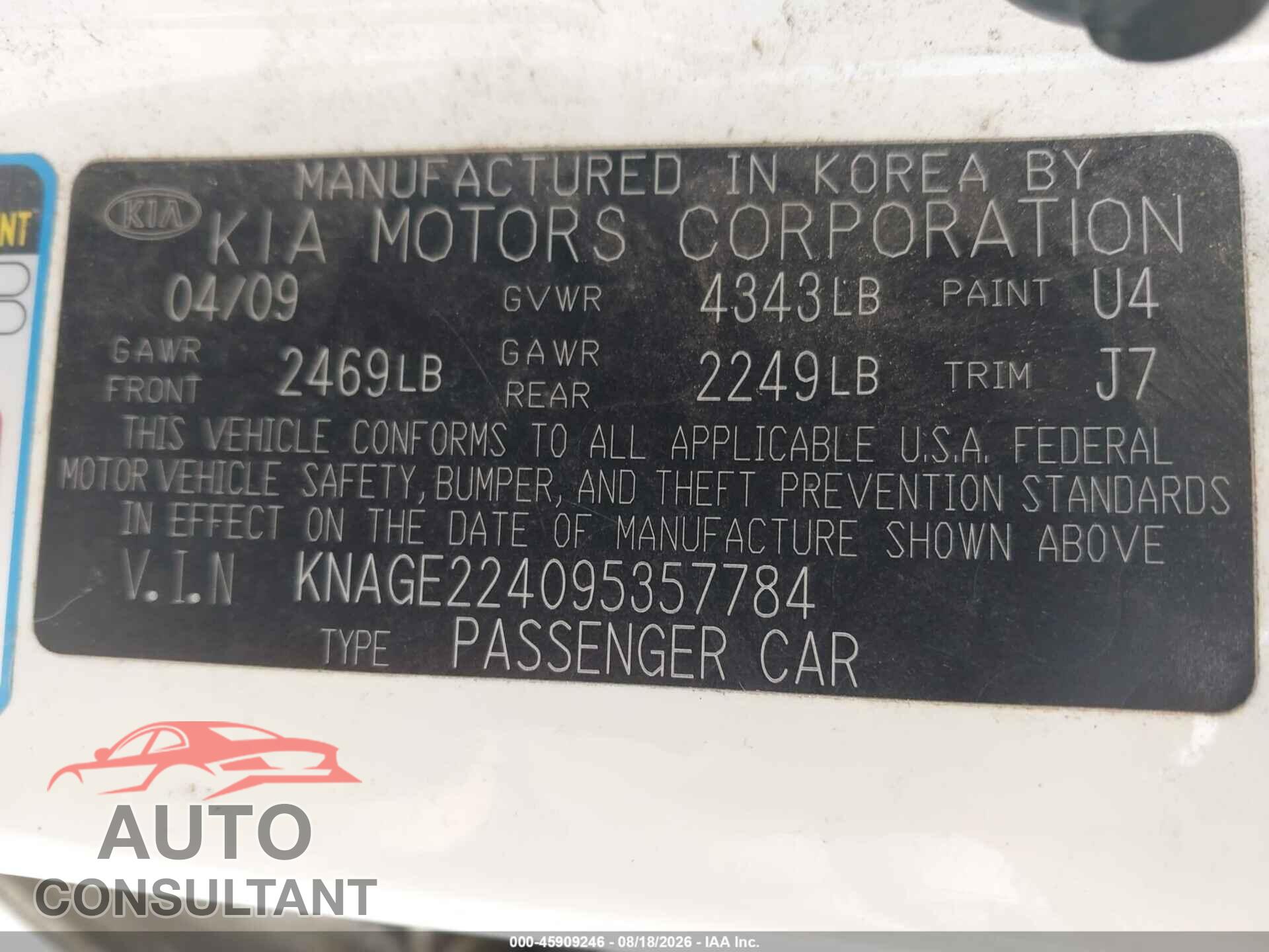 KIA OPTIMA 2009 - KNAGE224095357784