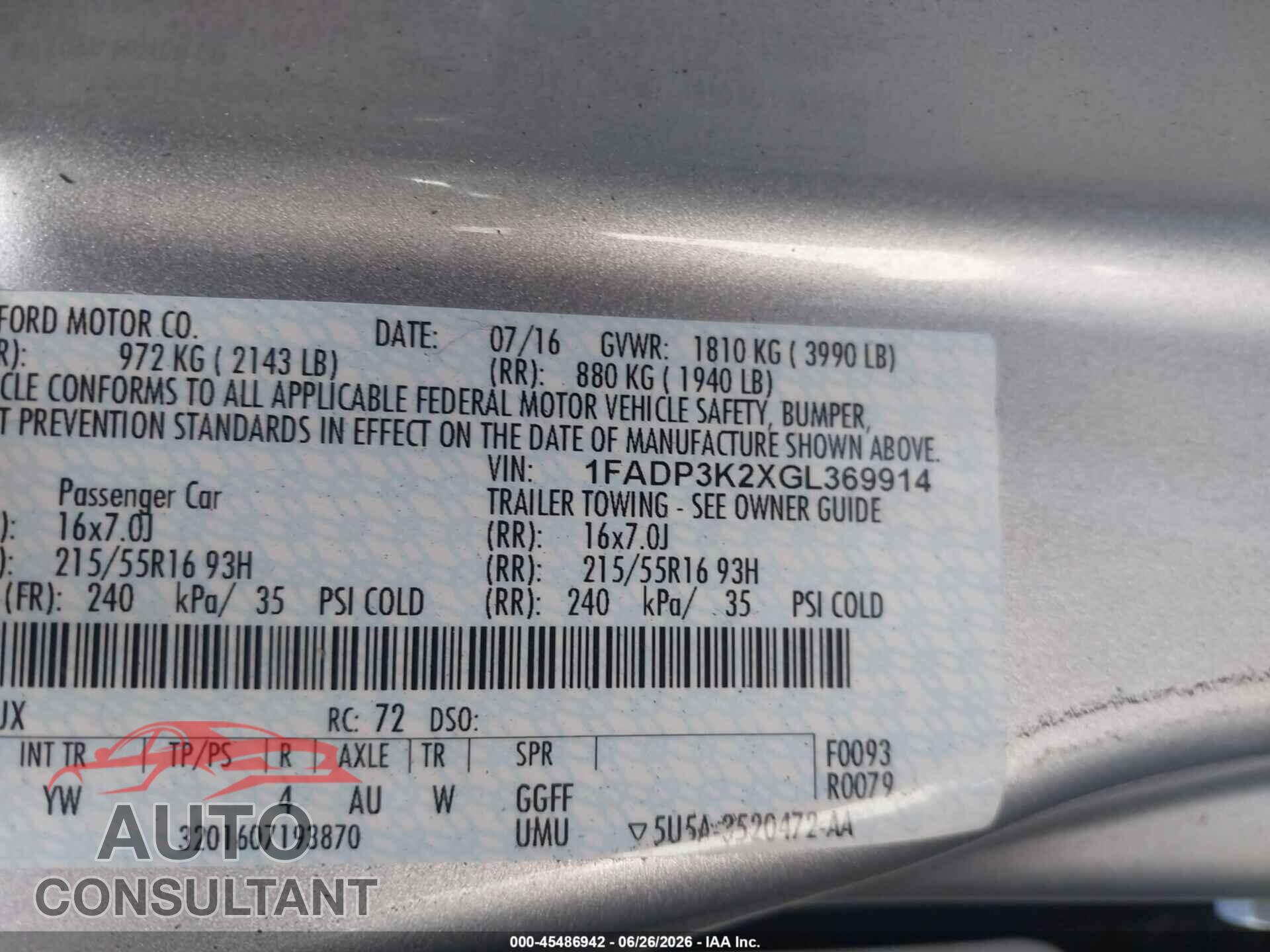 FORD FOCUS 2016 - 1FADP3K2XGL369914