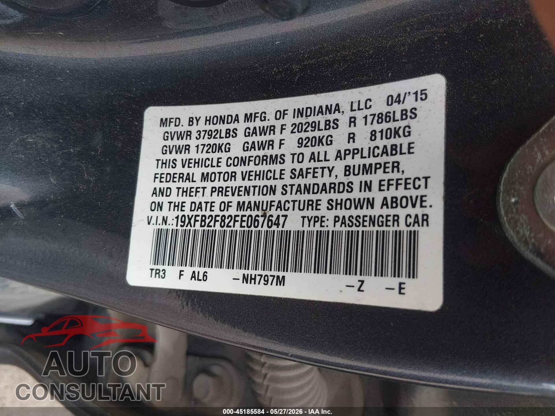 HONDA CIVIC 2015 - 19XFB2F82FE067647