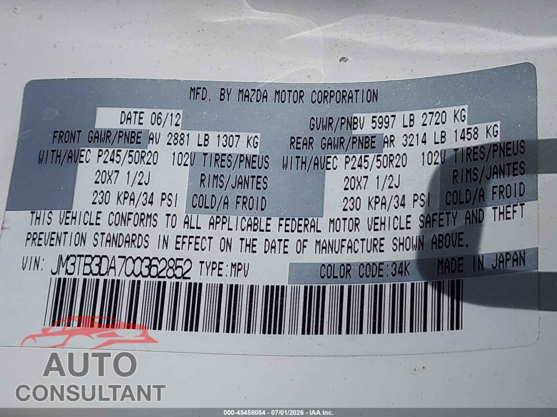 MAZDA CX-9 2012 - JM3TB3DA7C0362852