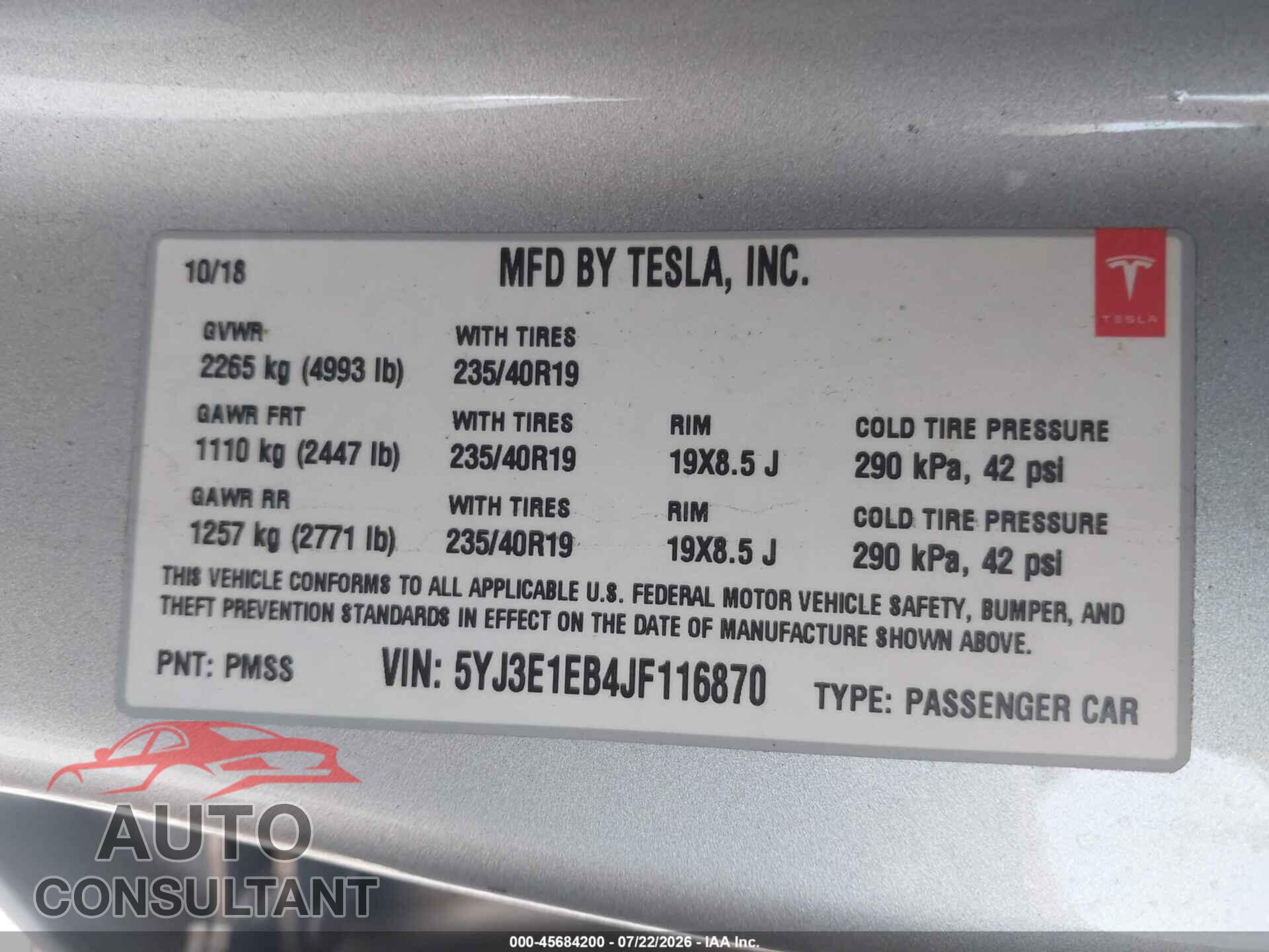 TESLA MODEL 3 2018 - 5YJ3E1EB4JF116870