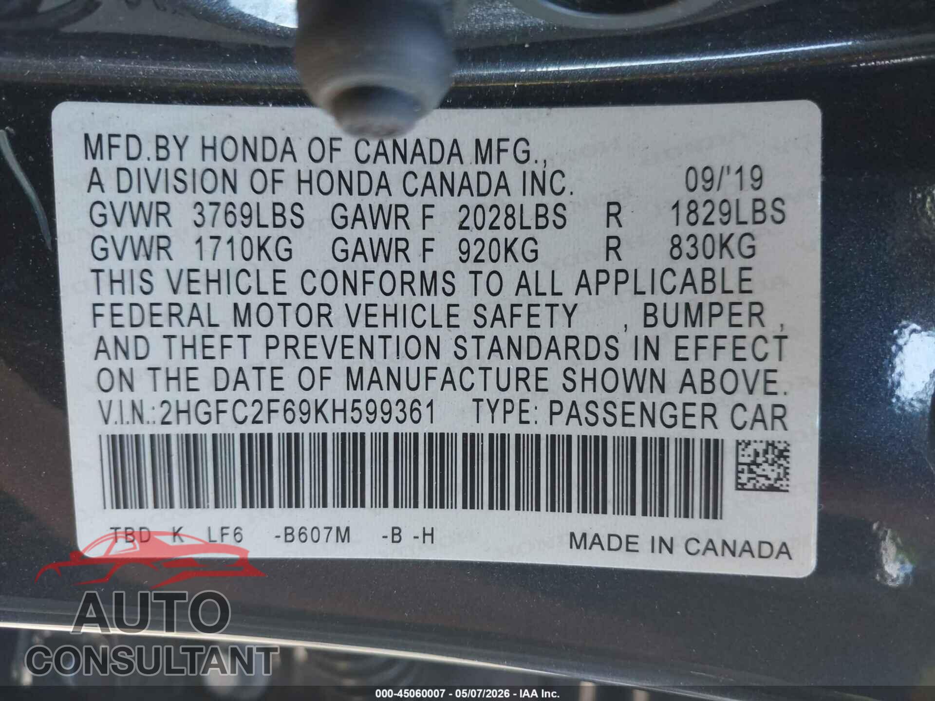 HONDA CIVIC 2019 - 2HGFC2F69KH599361