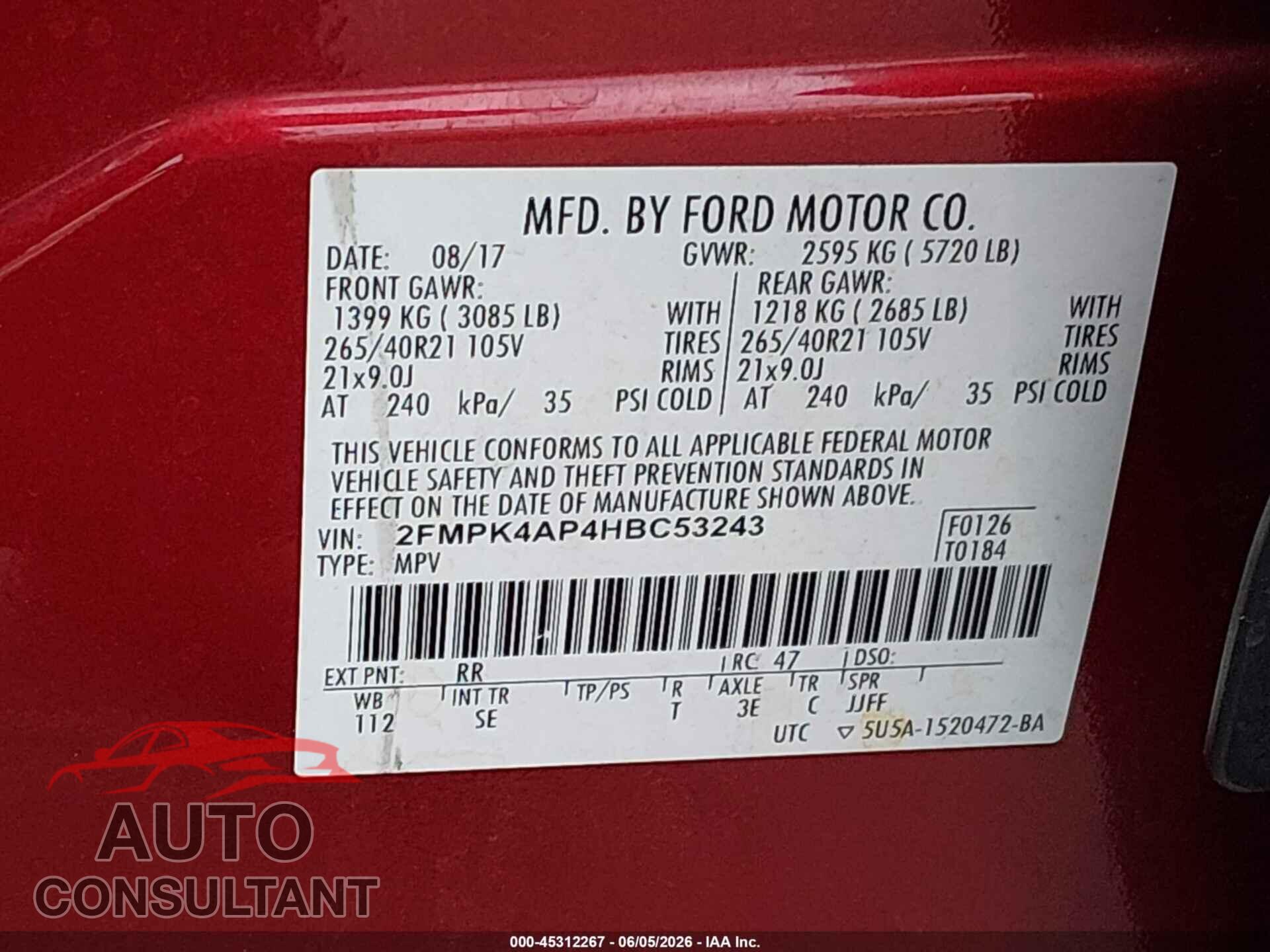FORD EDGE 2017 - 2FMPK4AP4HBC53243