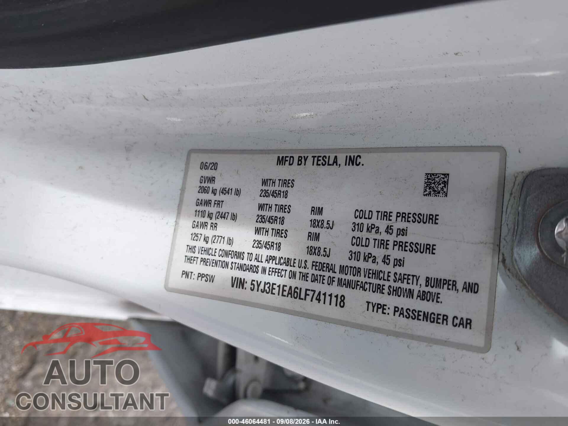 TESLA MODEL 3 2020 - 5YJ3E1EA6LF741118