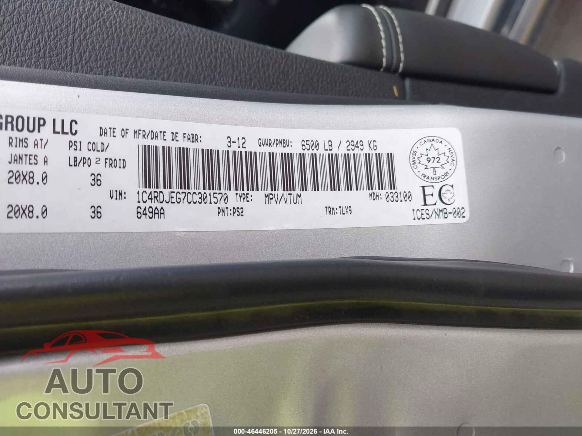 DODGE DURANGO 2012 - 1C4RDJEG7CC301570