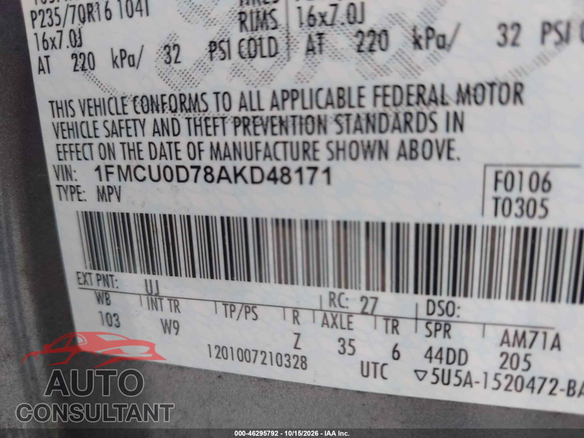 FORD ESCAPE 2010 - 1FMCU0D78AKD48171