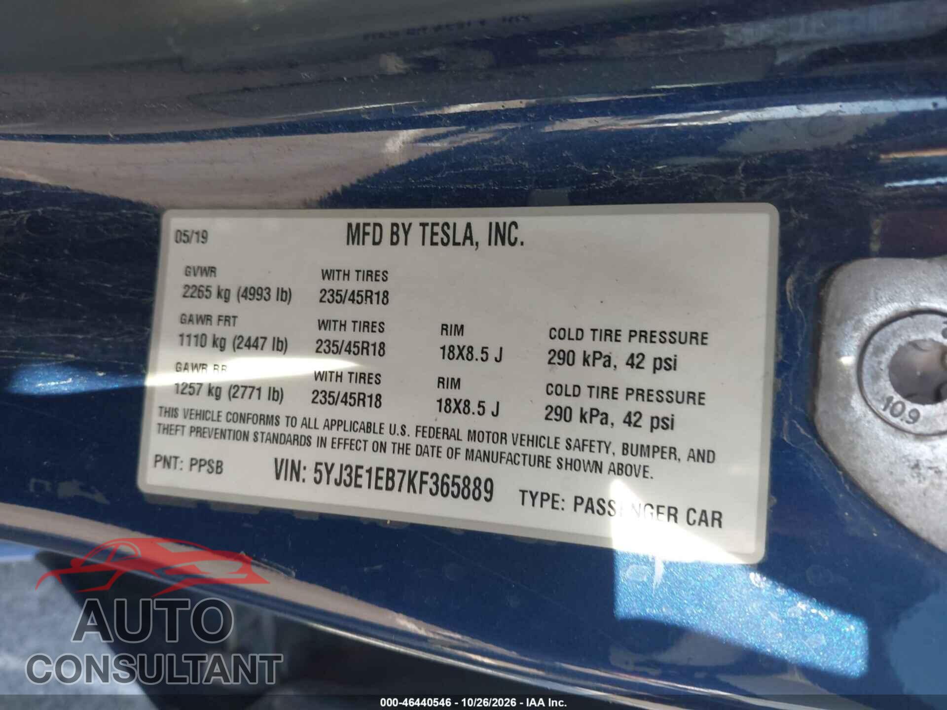 TESLA MODEL 3 2019 - 5YJ3E1EB7KF365889