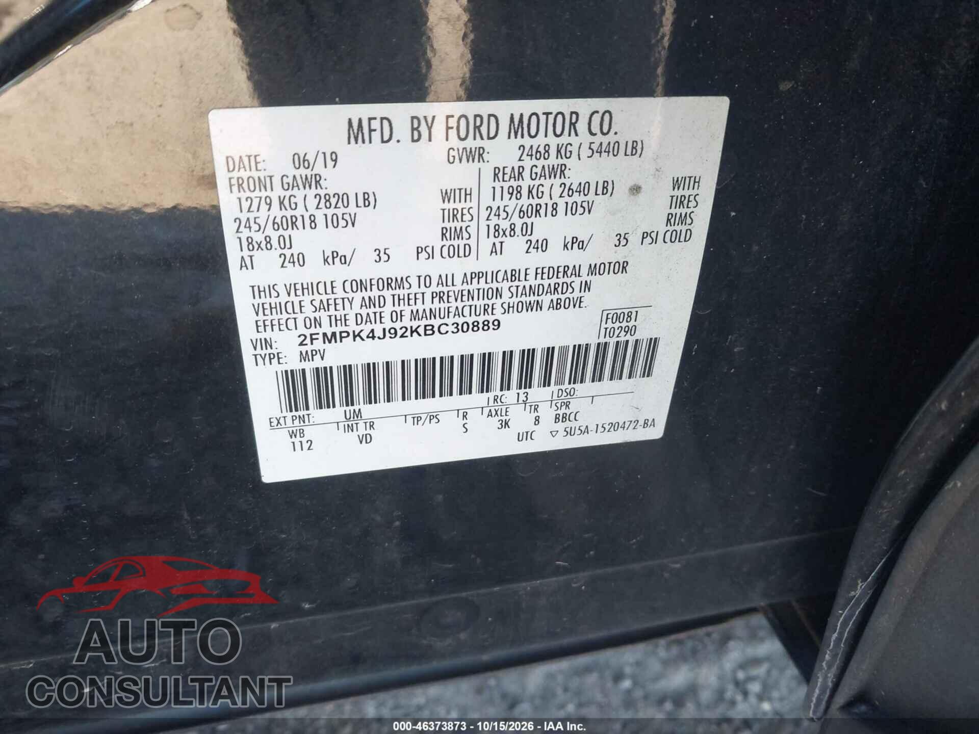 FORD EDGE 2019 - 2FMPK4J92KBC30889