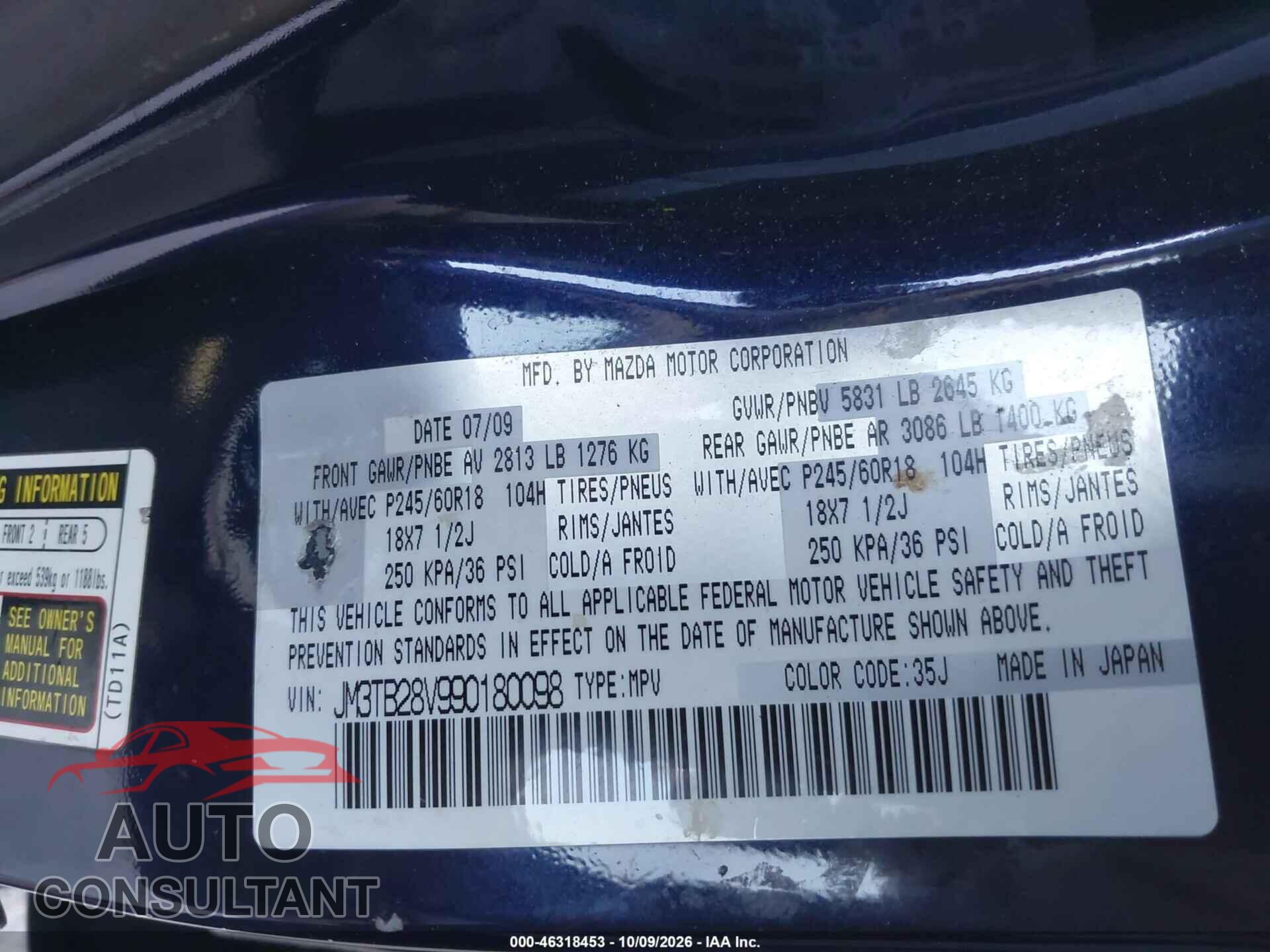 MAZDA CX-9 2009 - JM3TB28V990180098