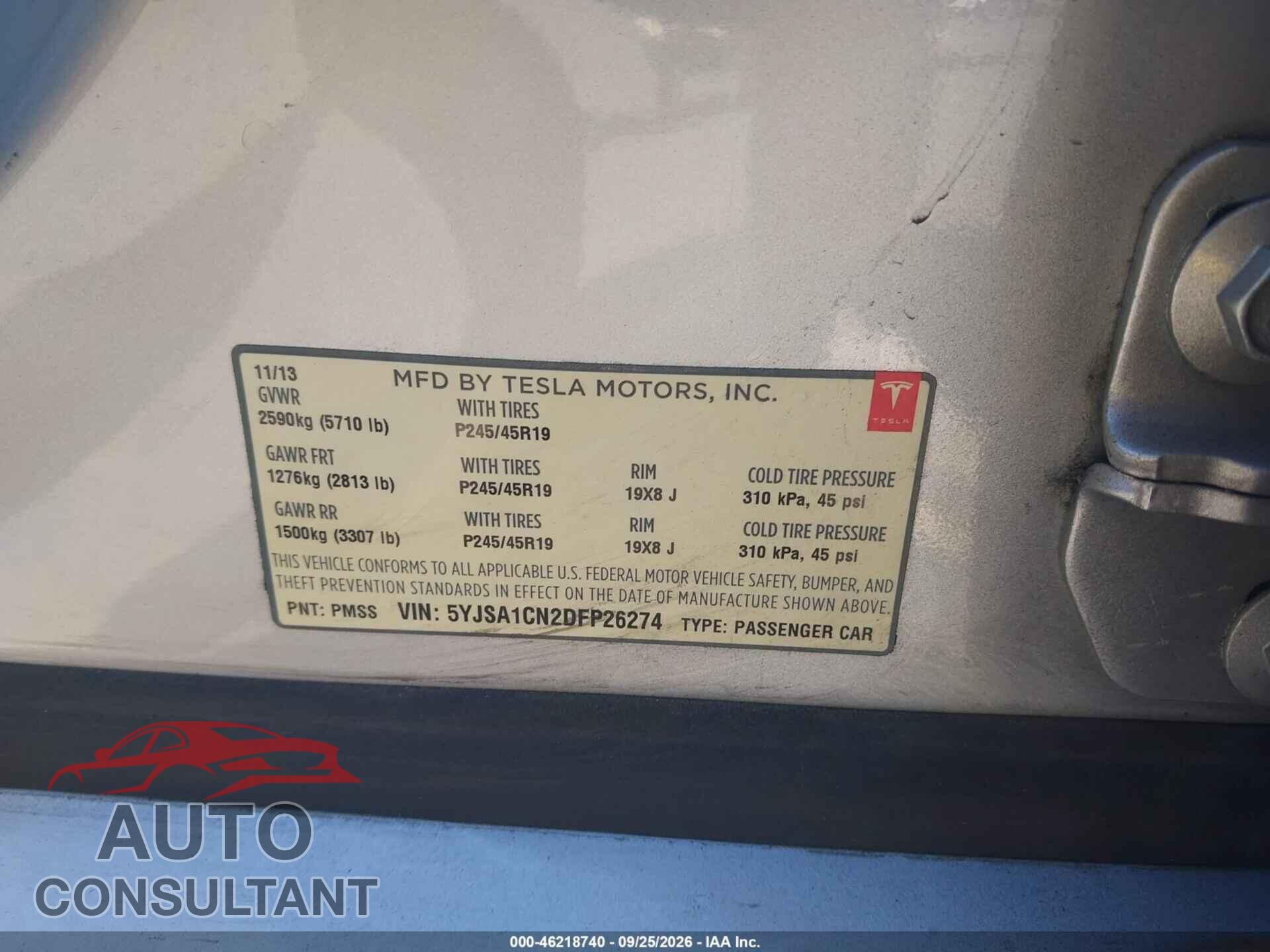 TESLA MODEL S 2013 - 5YJSA1CN2DFP26274