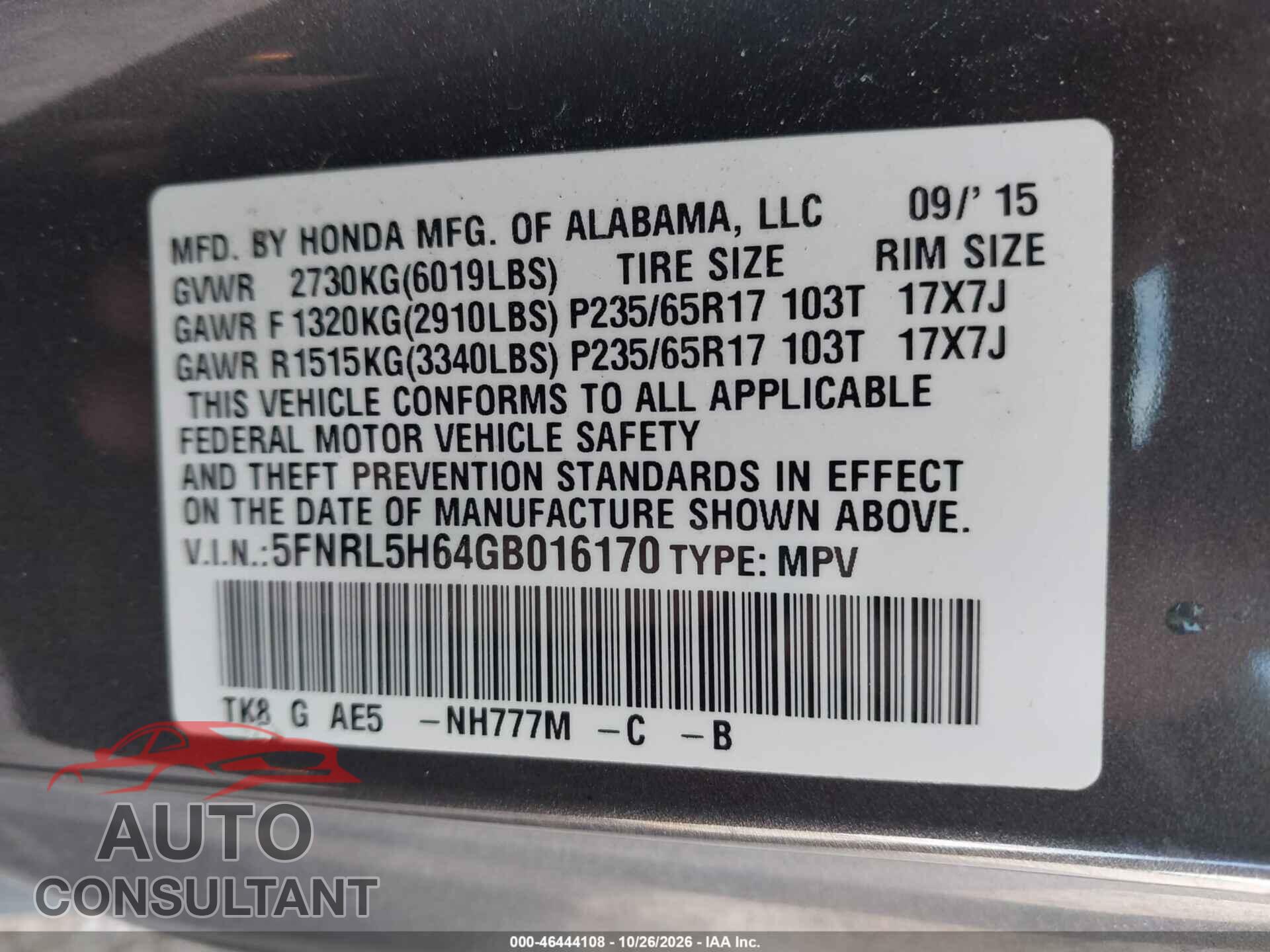 HONDA ODYSSEY 2016 - 5FNRL5H64GB016170