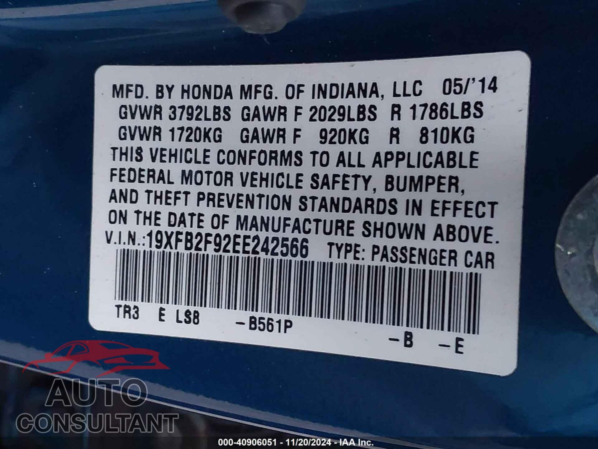 HONDA CIVIC 2014 - 19XFB2F92EE242566