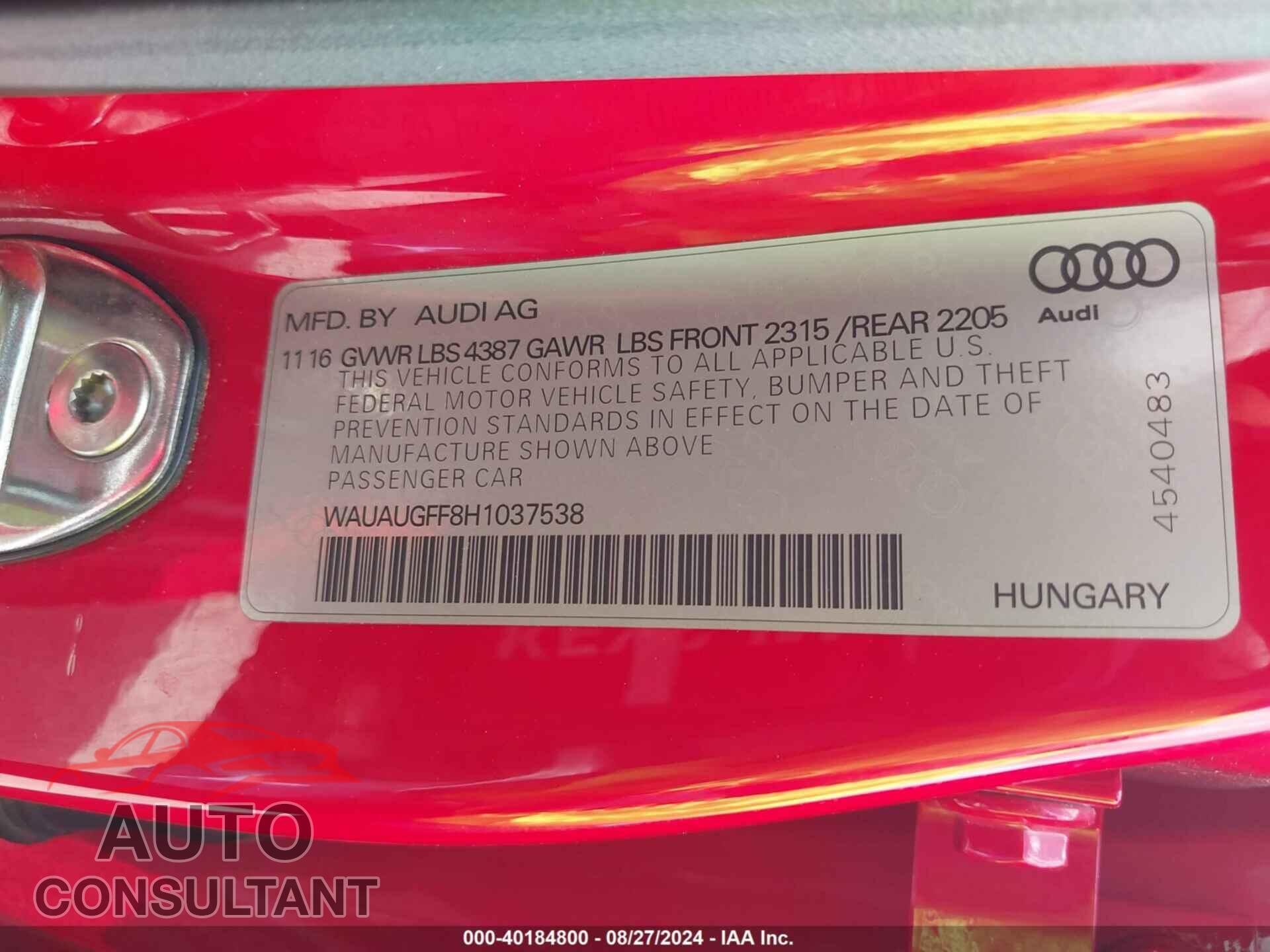 AUDI A3 2017 - WAUAUGFF8H1037538