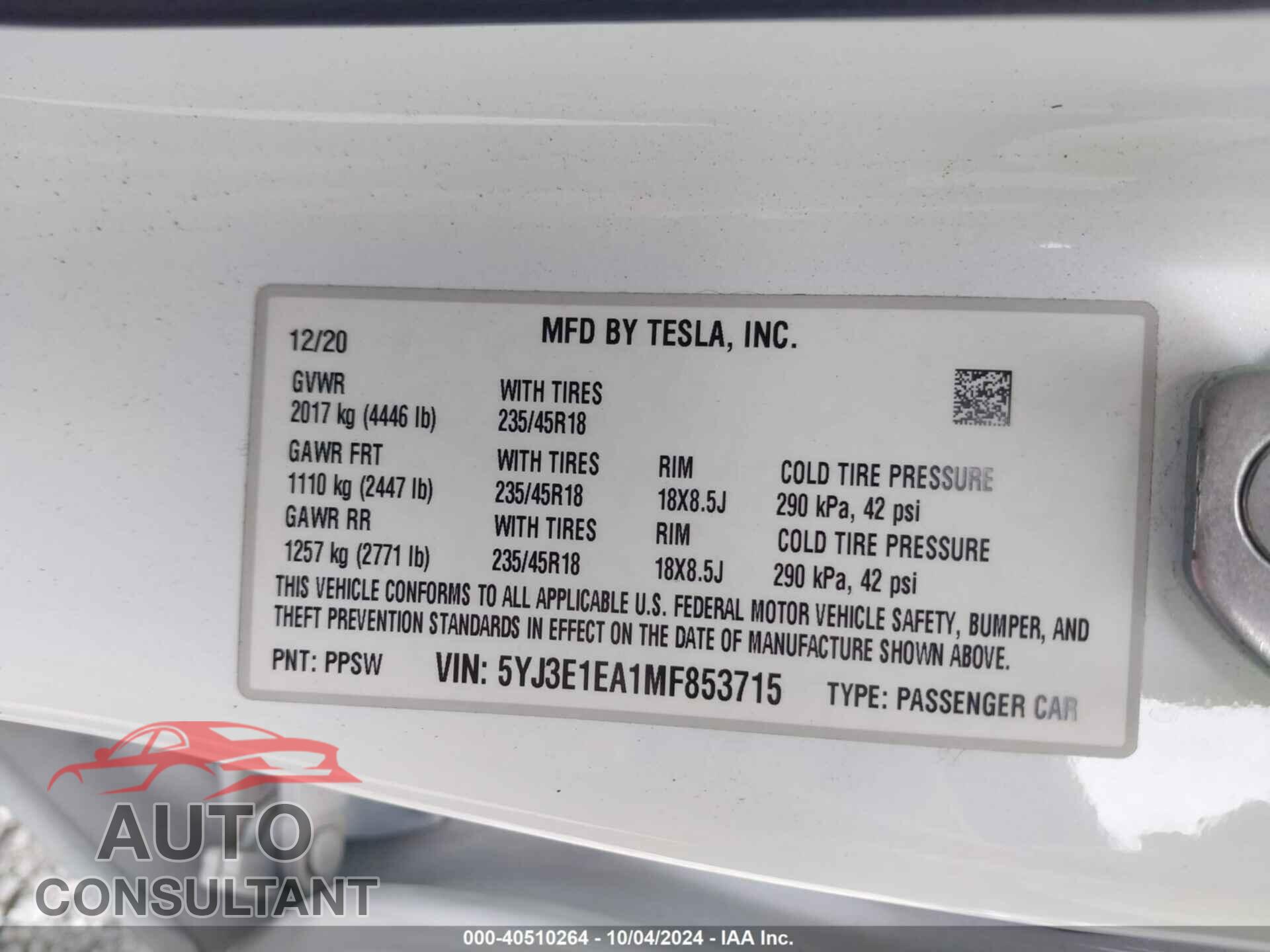 TESLA MODEL 3 2021 - 5YJ3E1EA1MF853715