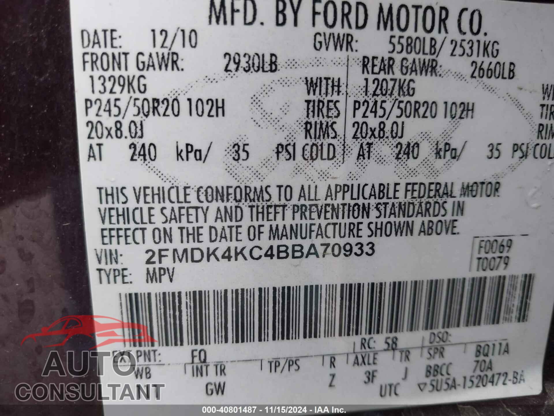 FORD EDGE 2011 - 2FMDK4KC4BBA70933
