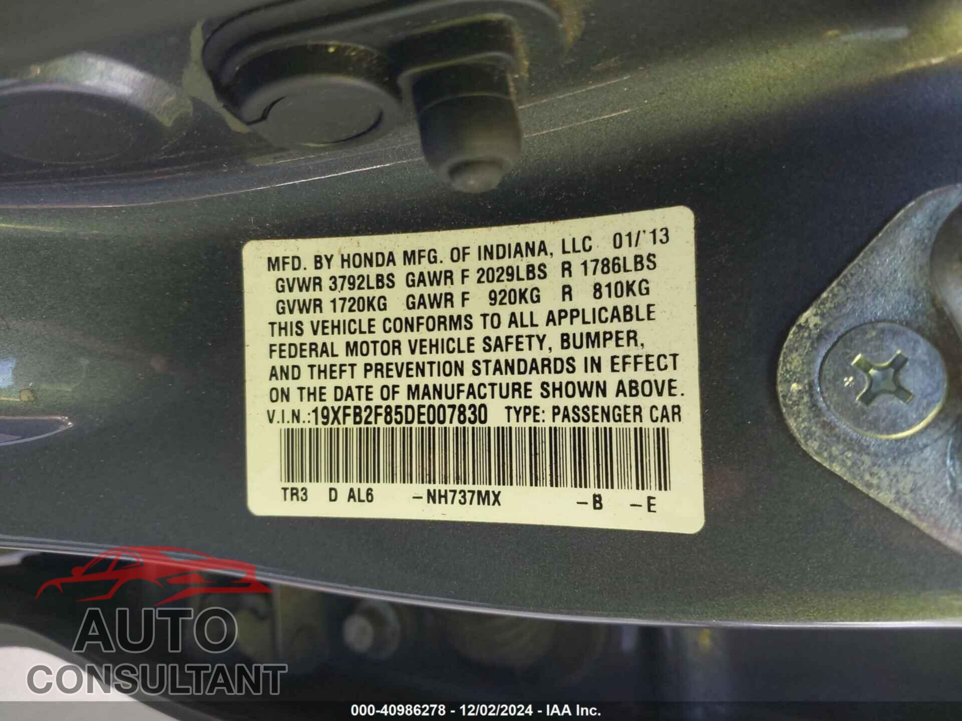 HONDA CIVIC 2013 - 19XFB2F85DE007830