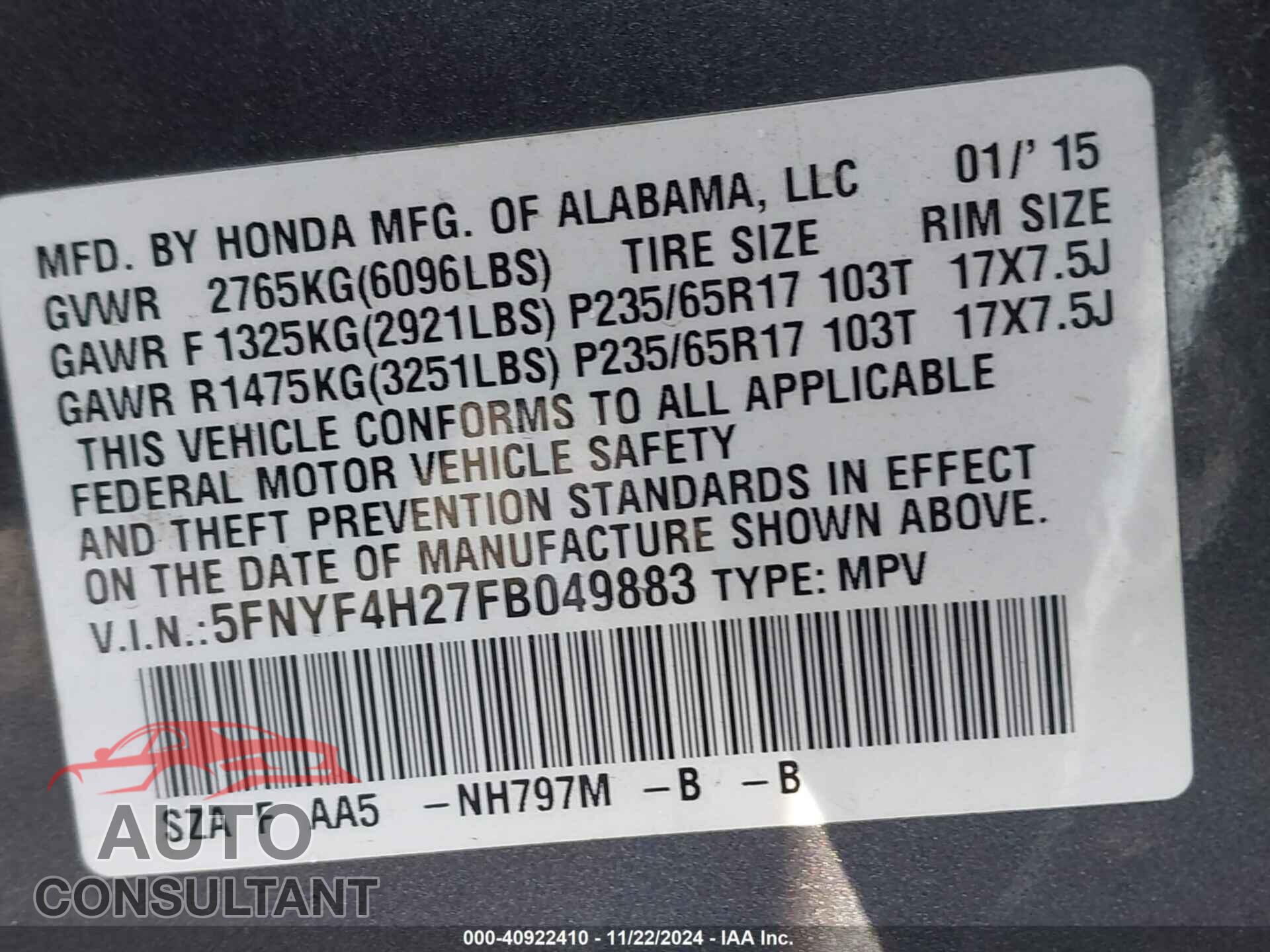 HONDA PILOT 2015 - 5FNYF4H27FB049883