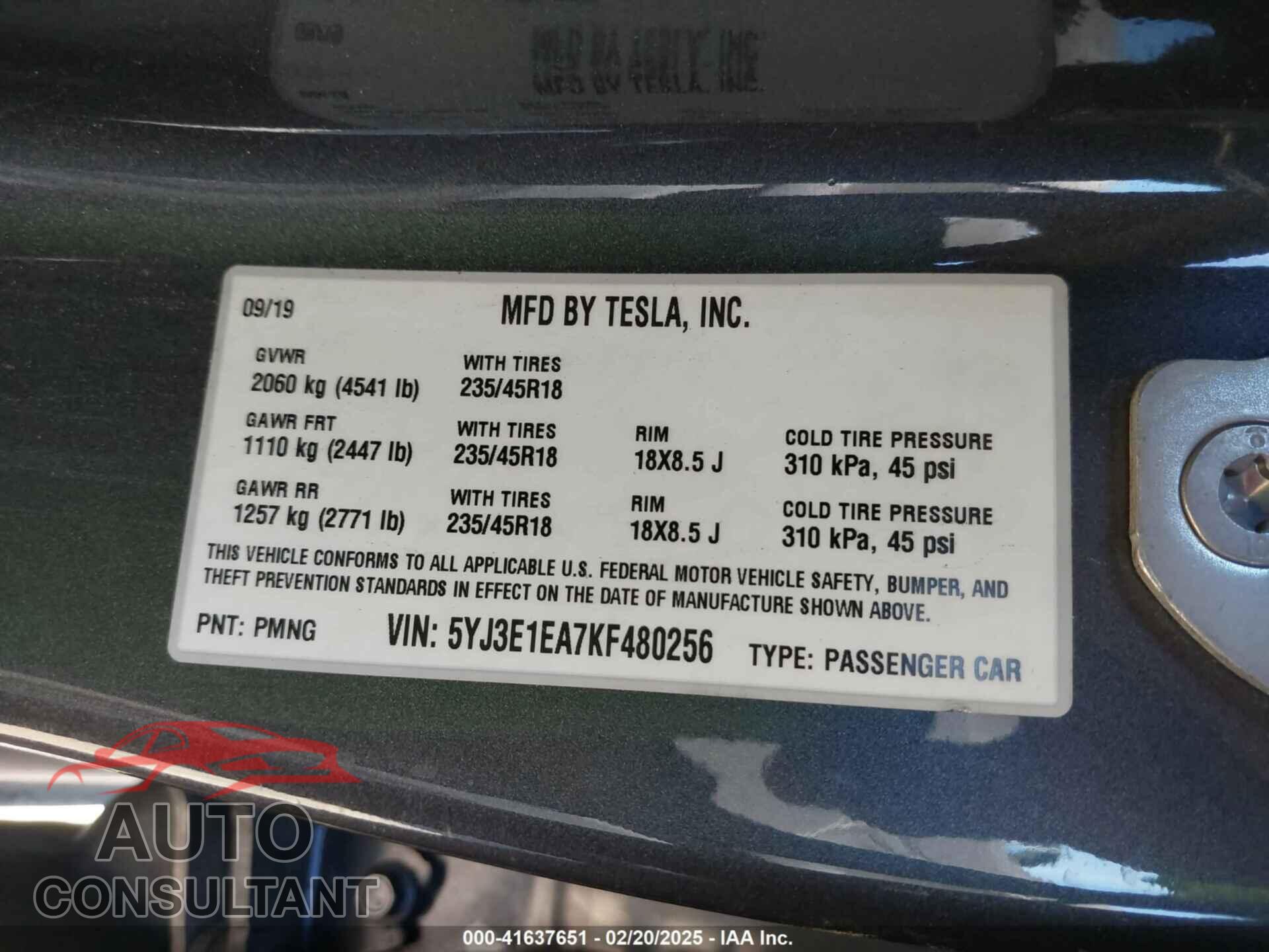 TESLA MODEL 3 2019 - 5YJ3E1EA7KF480256